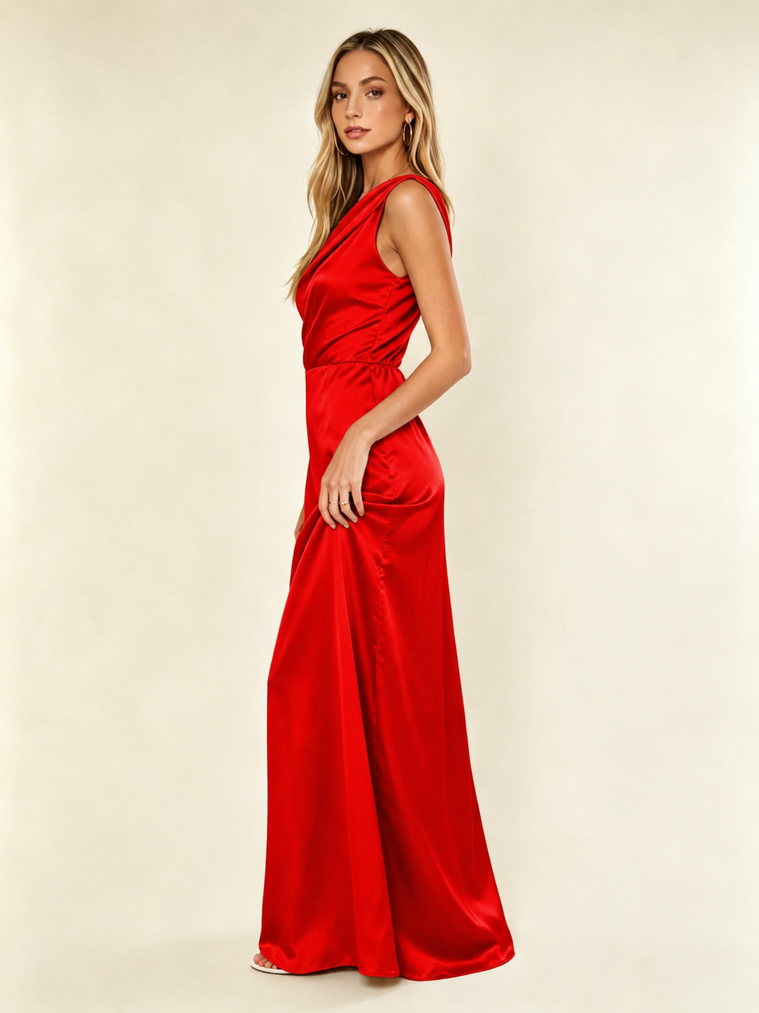 Satin One Shoulder Maxi Dress Asymmetric Draped High Slit Bridesmaid Dress