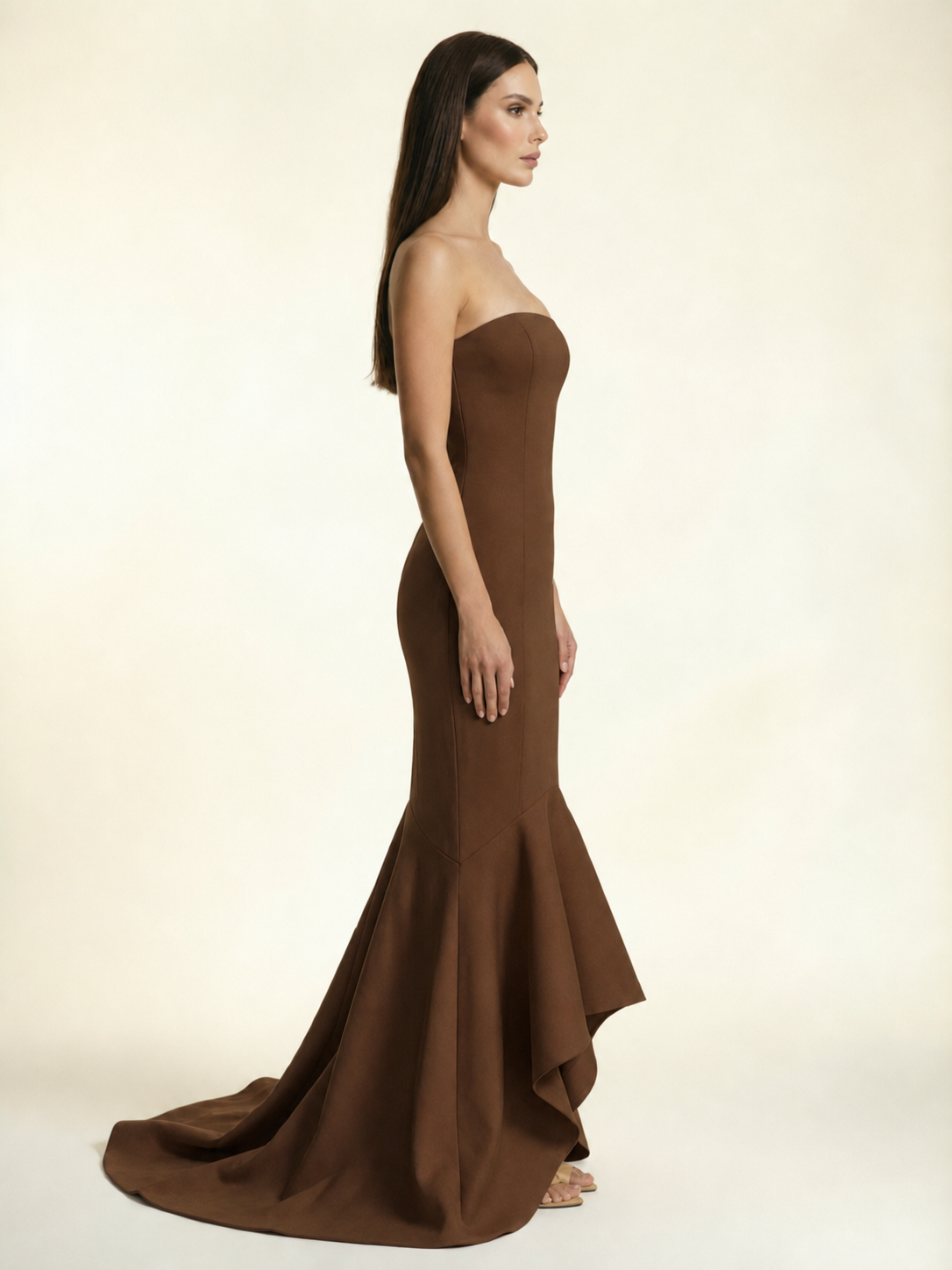 Strapless Satin Mermaid Dress With Ruffled Train & Lace-Up Back