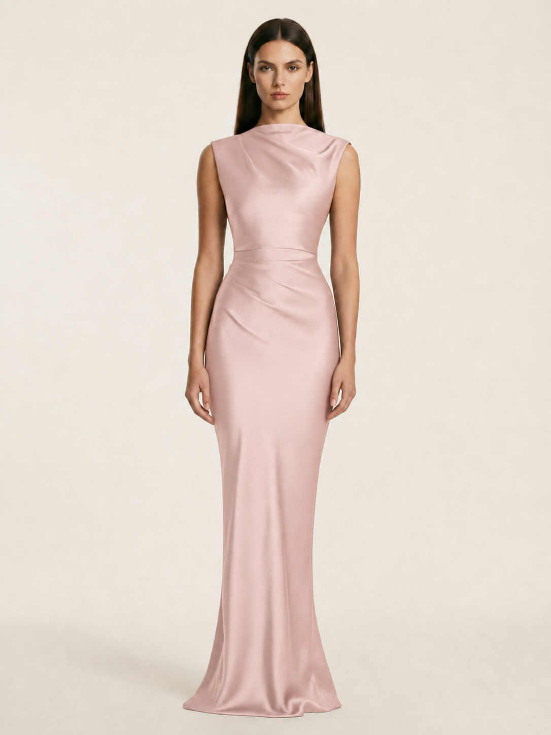 Sleeveless Draped Satin Mermaid Cutout Back Formal Dress