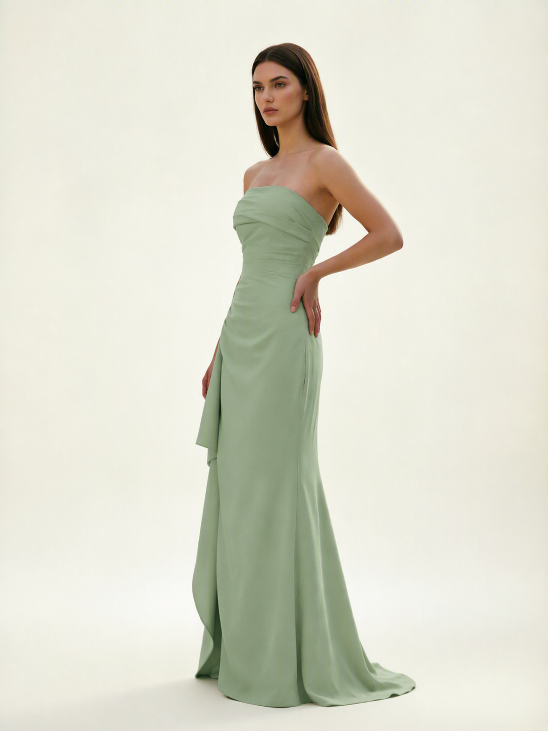 Strapless Mermaid Formal Gown with Side Slit & Draped Detail