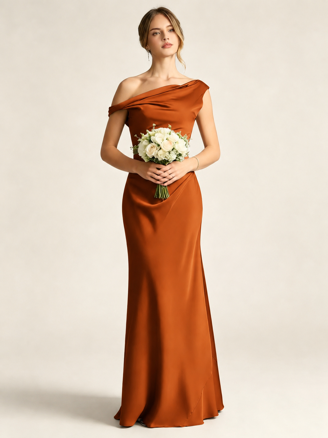 Satin Mermaid Bridesmaid Maxi Dress, Asymmetrical Off Shoulder Ruched Waist Open Back