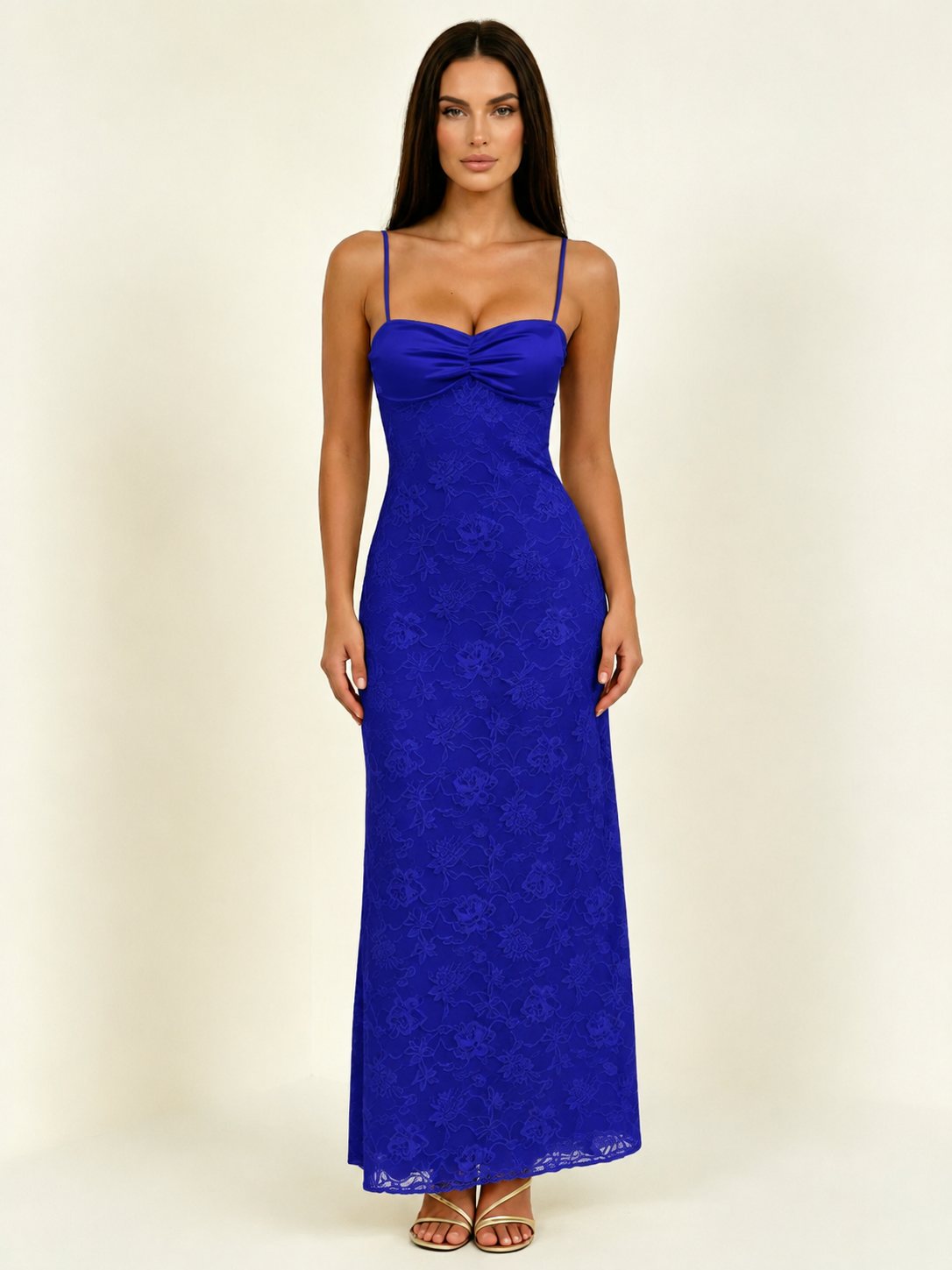 Satin Bust Lace Midi Maxi Dress, Spaghetti Strap Cross Lace Up Back Bridesmaid Dress