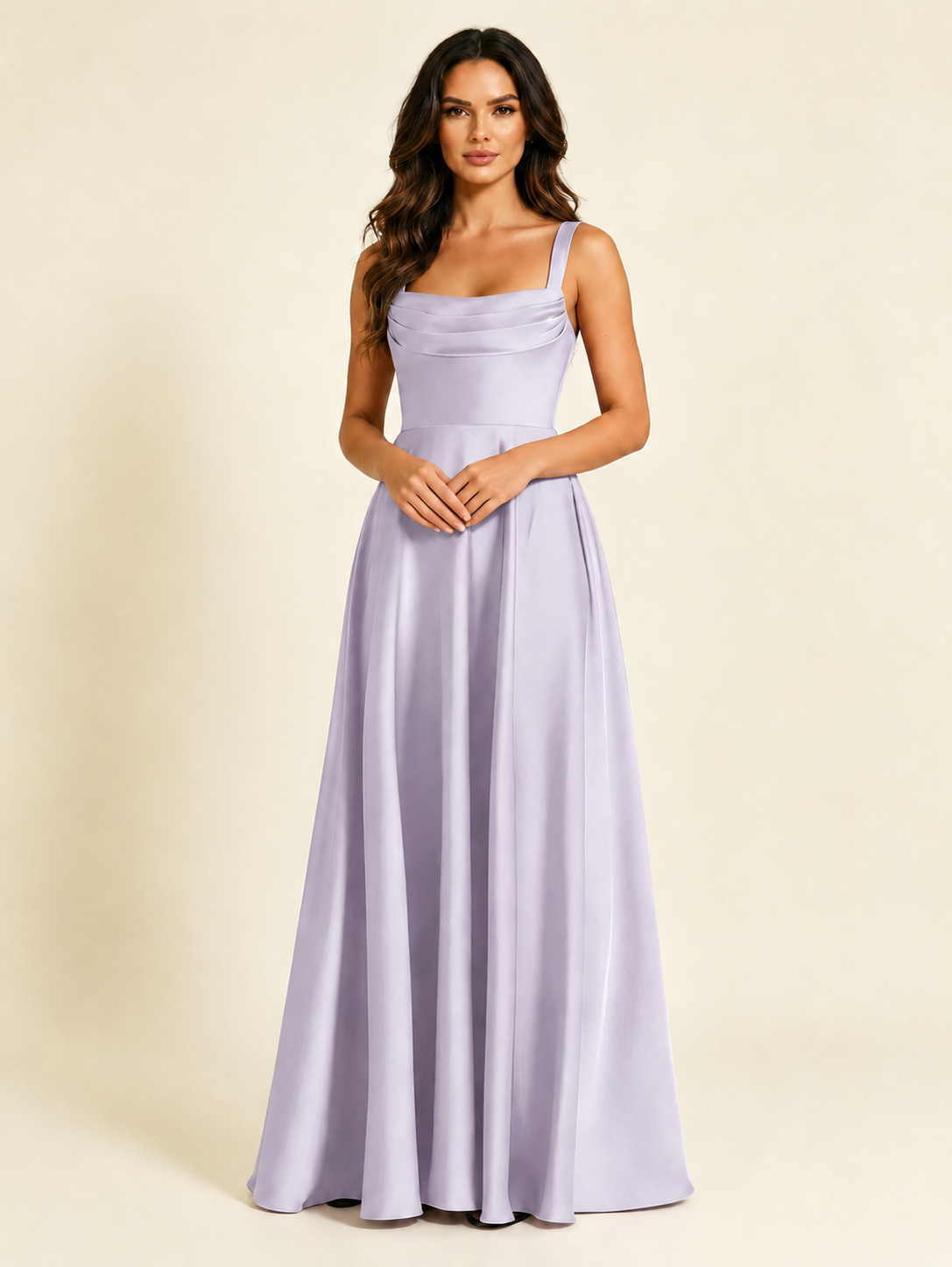 Satin Draped Cowl Square Neck A-Line Maxi Bridesmaid Dress