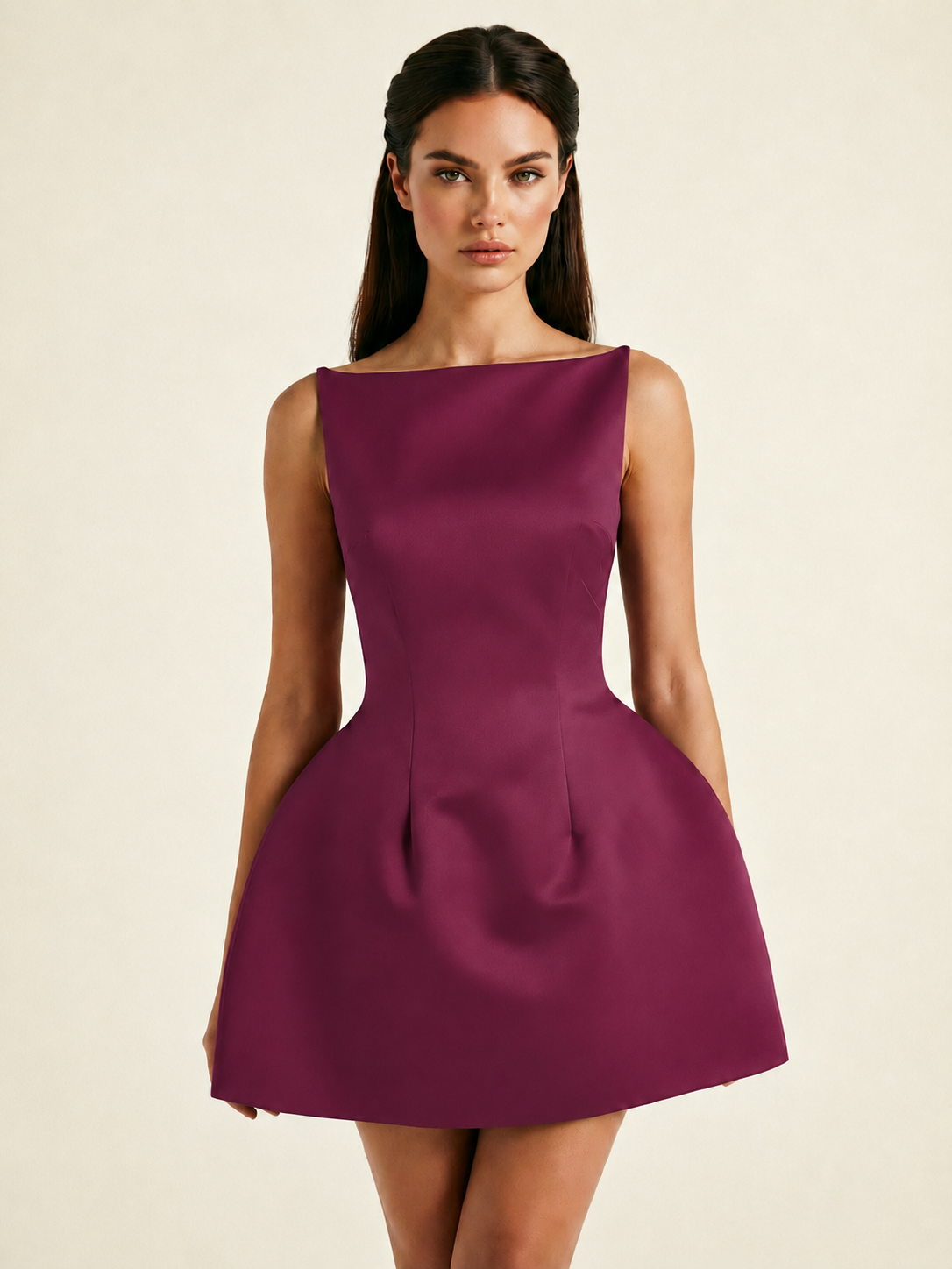 Satin Boat Neck Open Back Fit & Flare Mini Dress