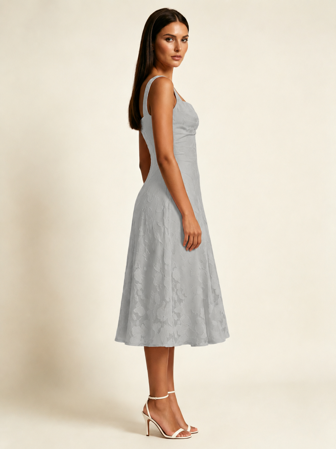 3D Floral Jacquard Square Neck Midi Dress