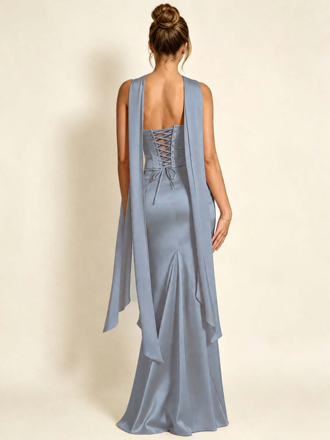 Satin Cowl Neck Mermaid Evening Dress with Corset Bodice and Draped Straps