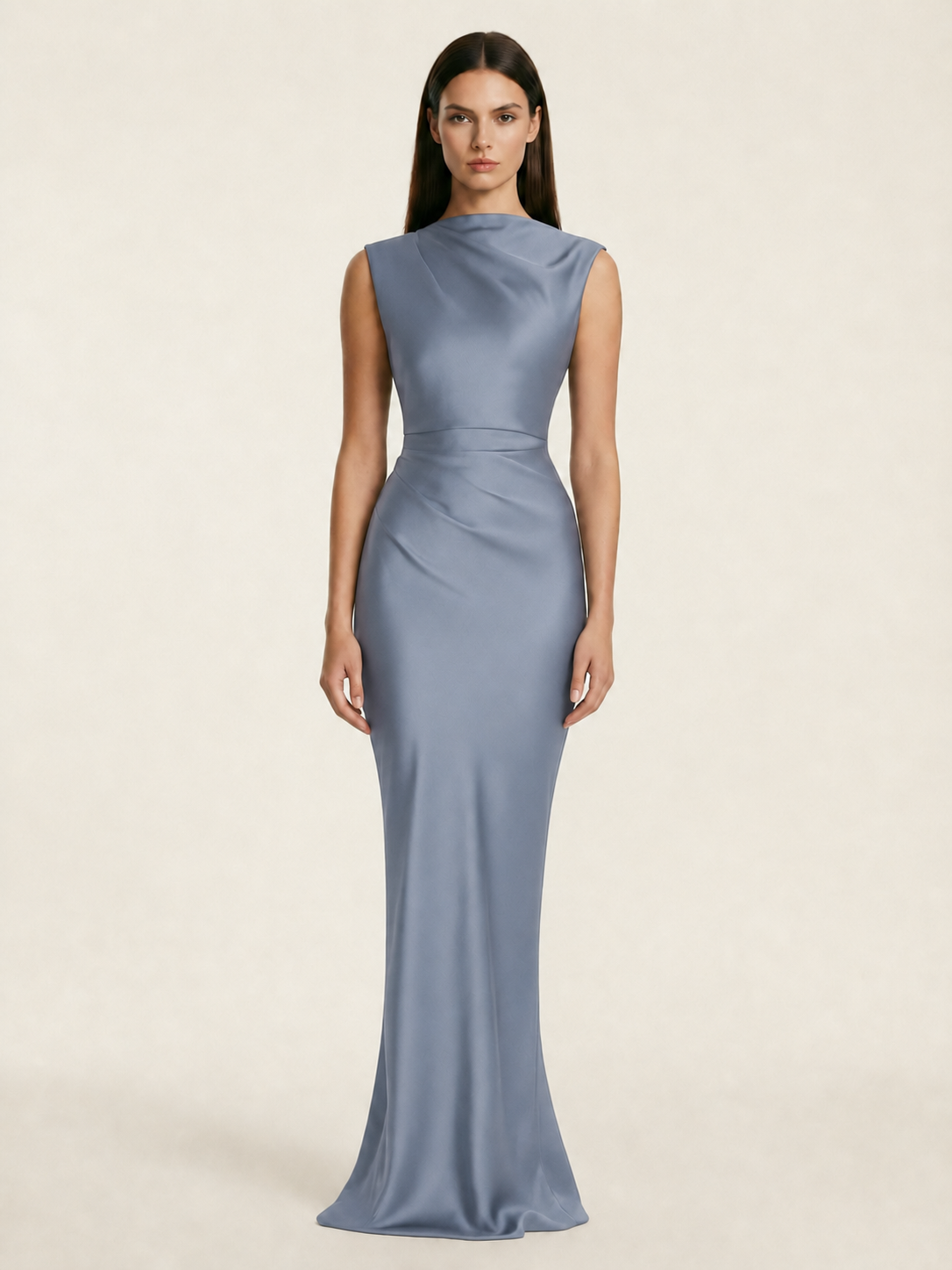 Sleeveless Draped Satin Mermaid Cutout Back Formal Dress