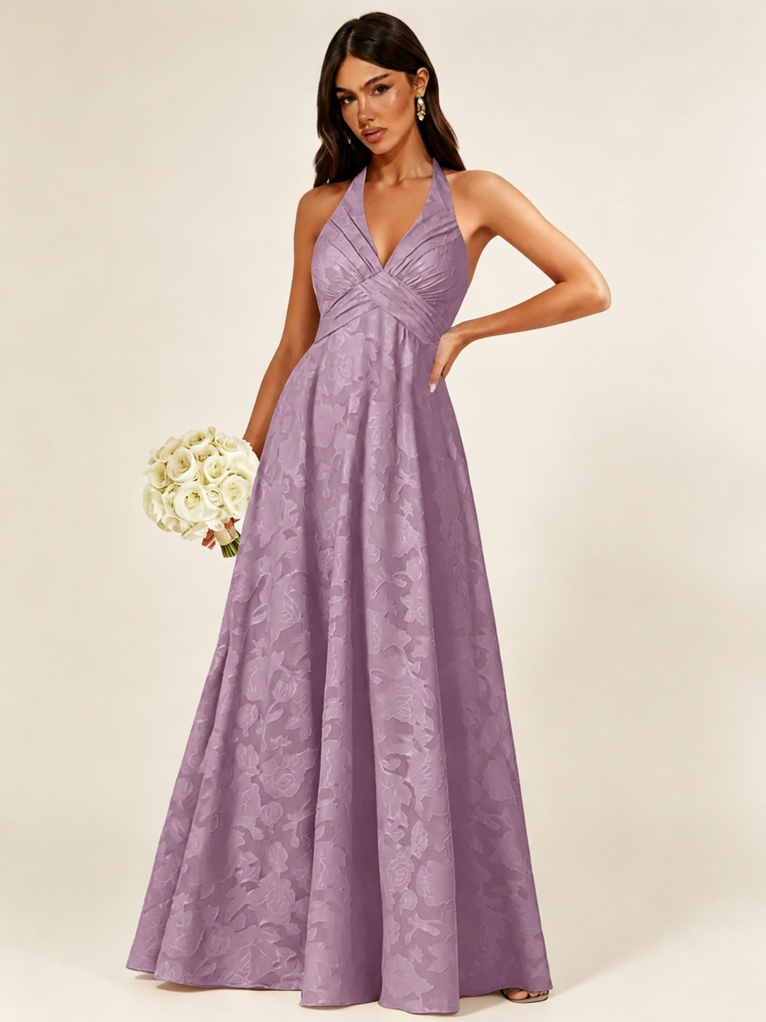 Floral Jacquard Halter Deep V A-Line Maxi Dress Backless Lace-Up Corset Bridesmaid Dress