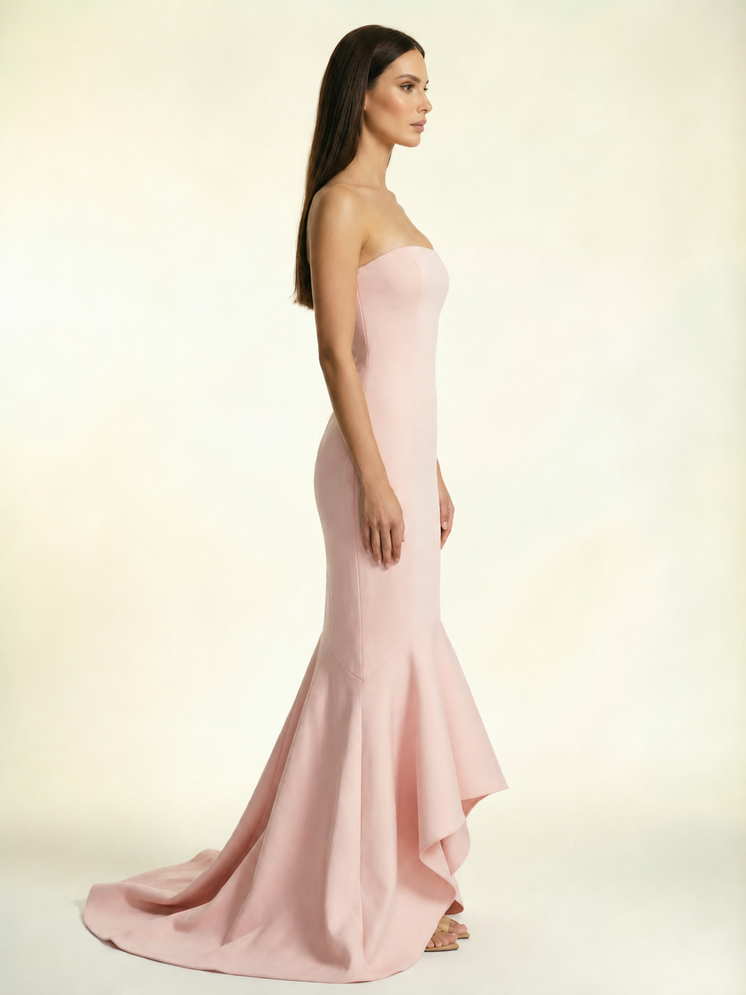 Strapless Satin Mermaid Dress With Ruffled Train & Lace-Up Back