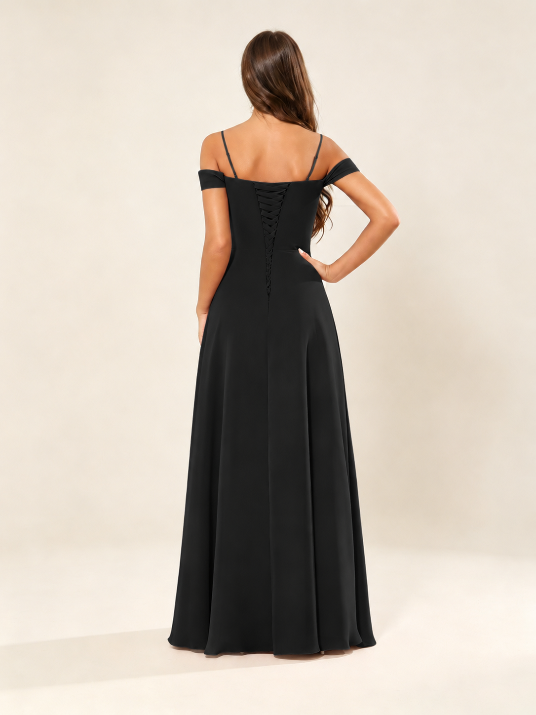 Off shoulder chiffon bridesmaid dress with high slit ruffle