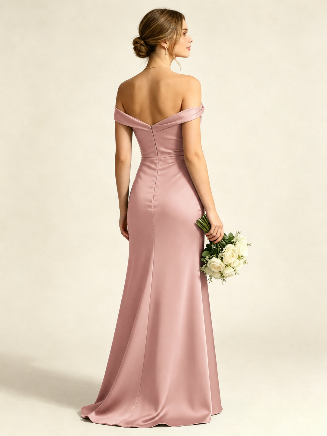 Satin Mermaid Bridesmaid Maxi Dress, Asymmetrical Off Shoulder Ruched Waist Open Back