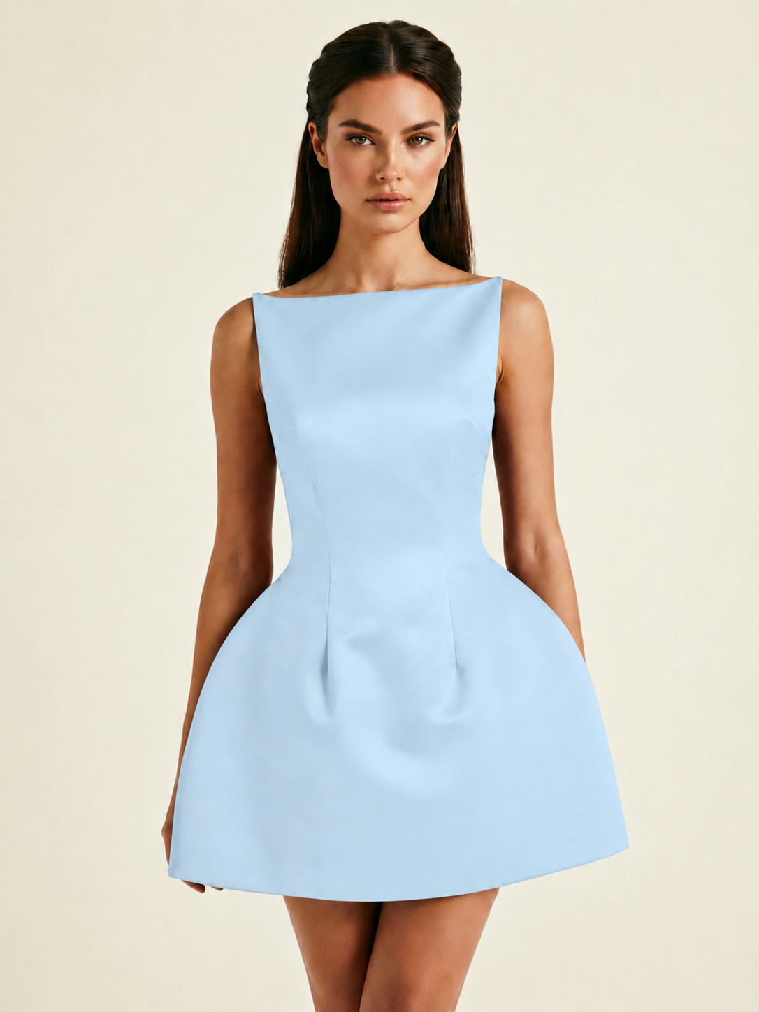 Satin Boat Neck Open Back Fit & Flare Mini Dress