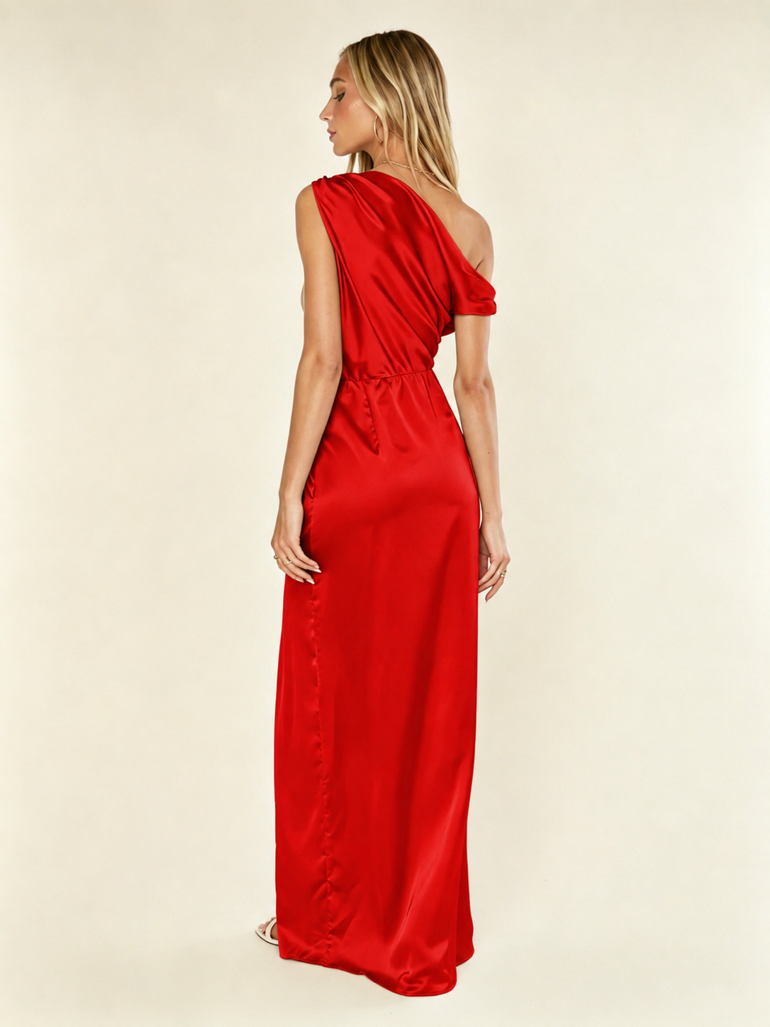 Satin One Shoulder Maxi Dress Asymmetric Draped High Slit Bridesmaid Dress