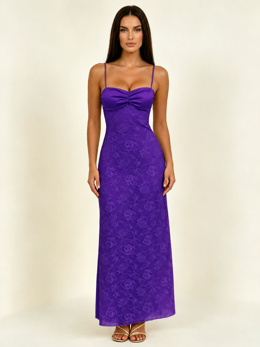 Satin Bust Lace Midi Maxi Dress, Spaghetti Strap Cross Lace Up Back Bridesmaid Dress