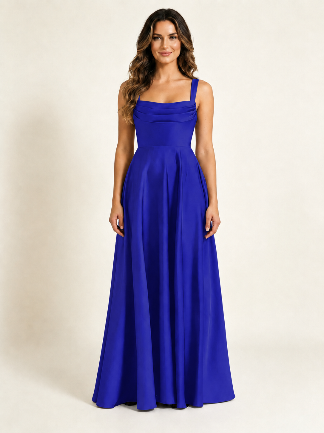 Satin Draped Cowl Square Neck A-Line Maxi Bridesmaid Dress