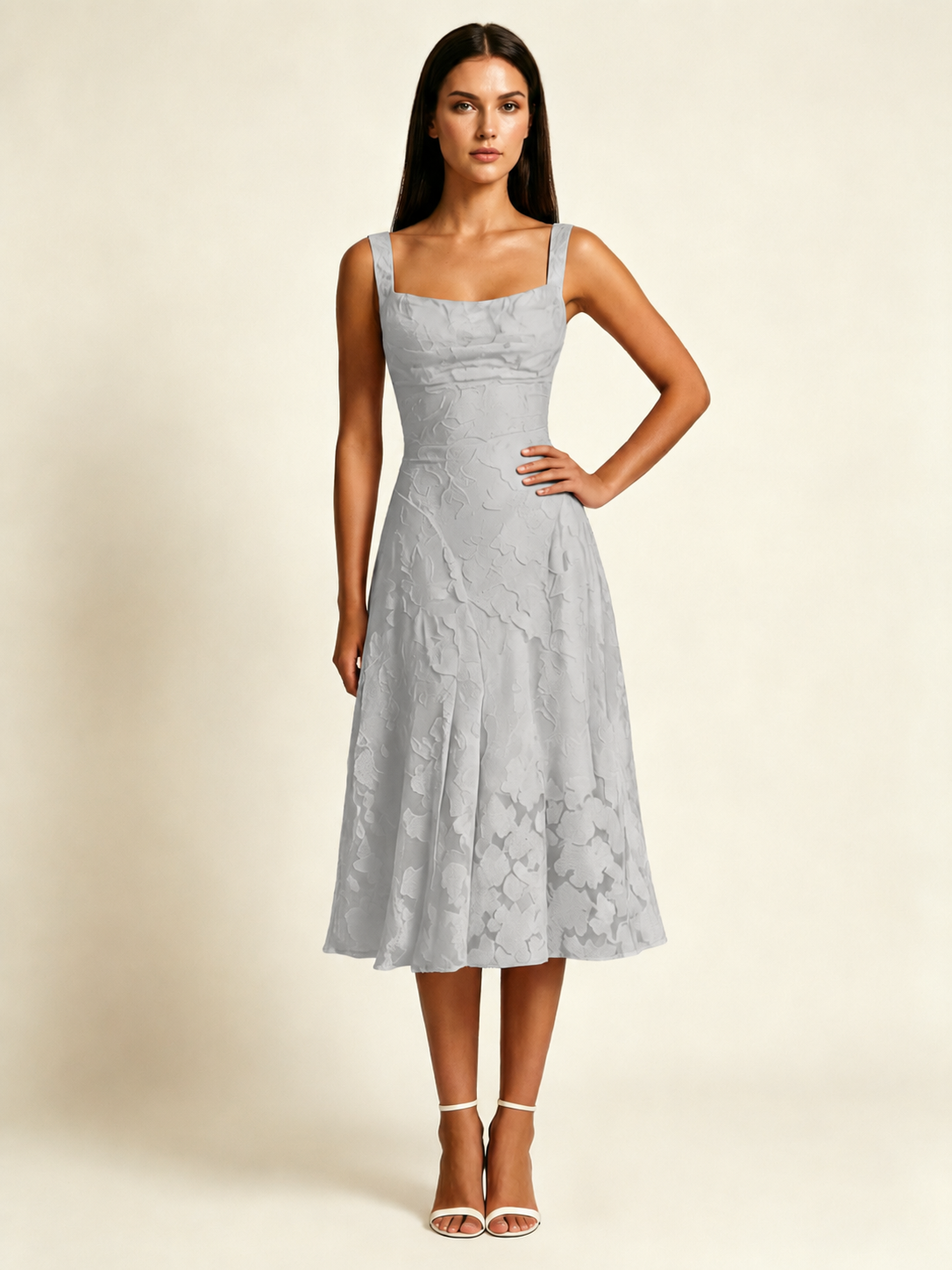 3D Floral Jacquard Square Neck Midi Dress