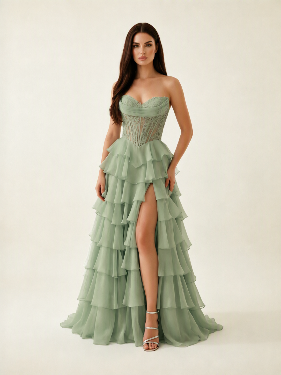 Strapless Lace Corset Tiered High Slit Prom Dress