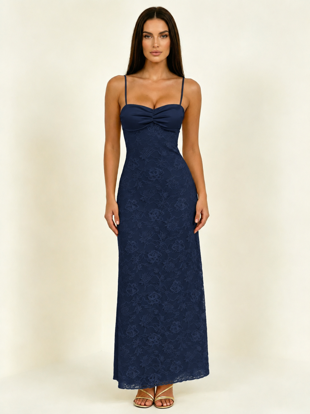 Satin Bust Lace Midi Maxi Dress, Spaghetti Strap Cross Lace Up Back Bridesmaid Dress