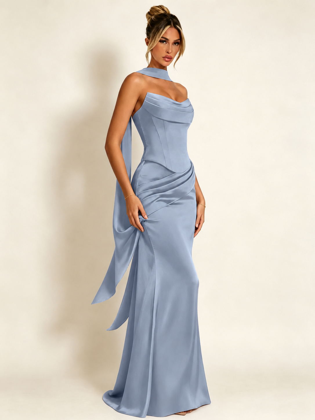 Satin Cowl Neck Mermaid Evening Dress with Corset Bodice and Draped Straps