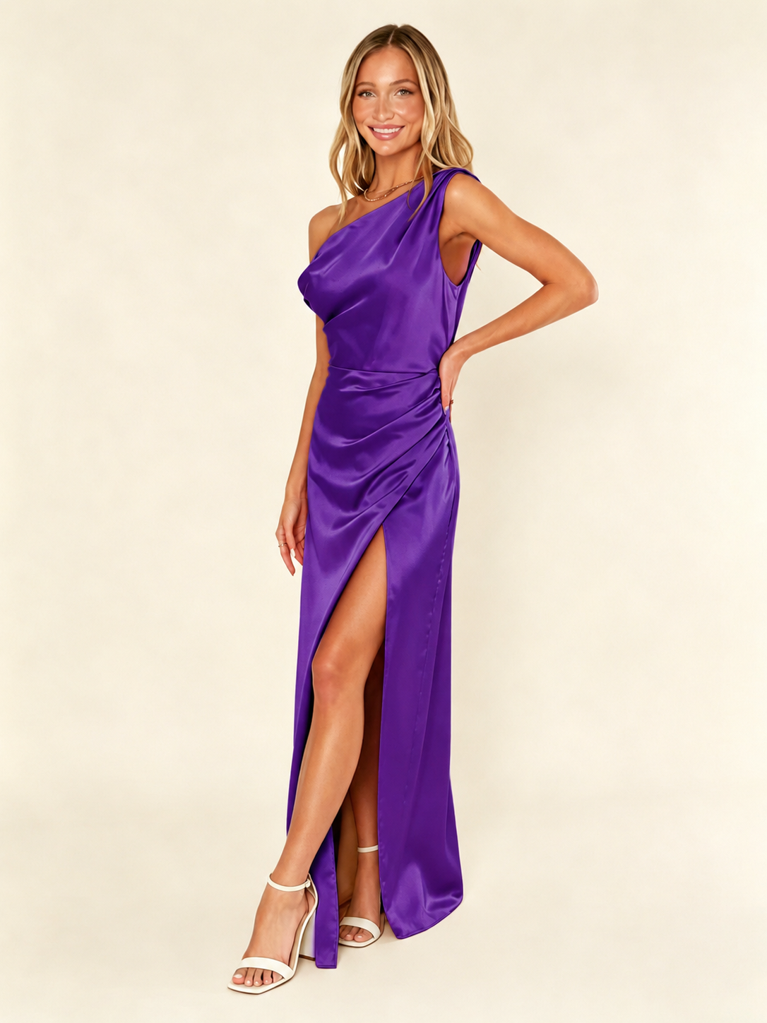 Satin One Shoulder Maxi Dress Asymmetric Draped High Slit Bridesmaid Dress