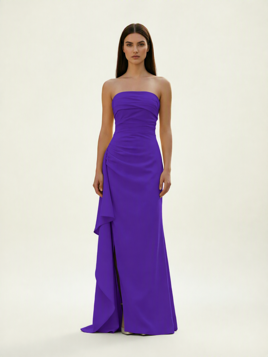 Strapless Mermaid Formal Gown with Side Slit & Draped Detail