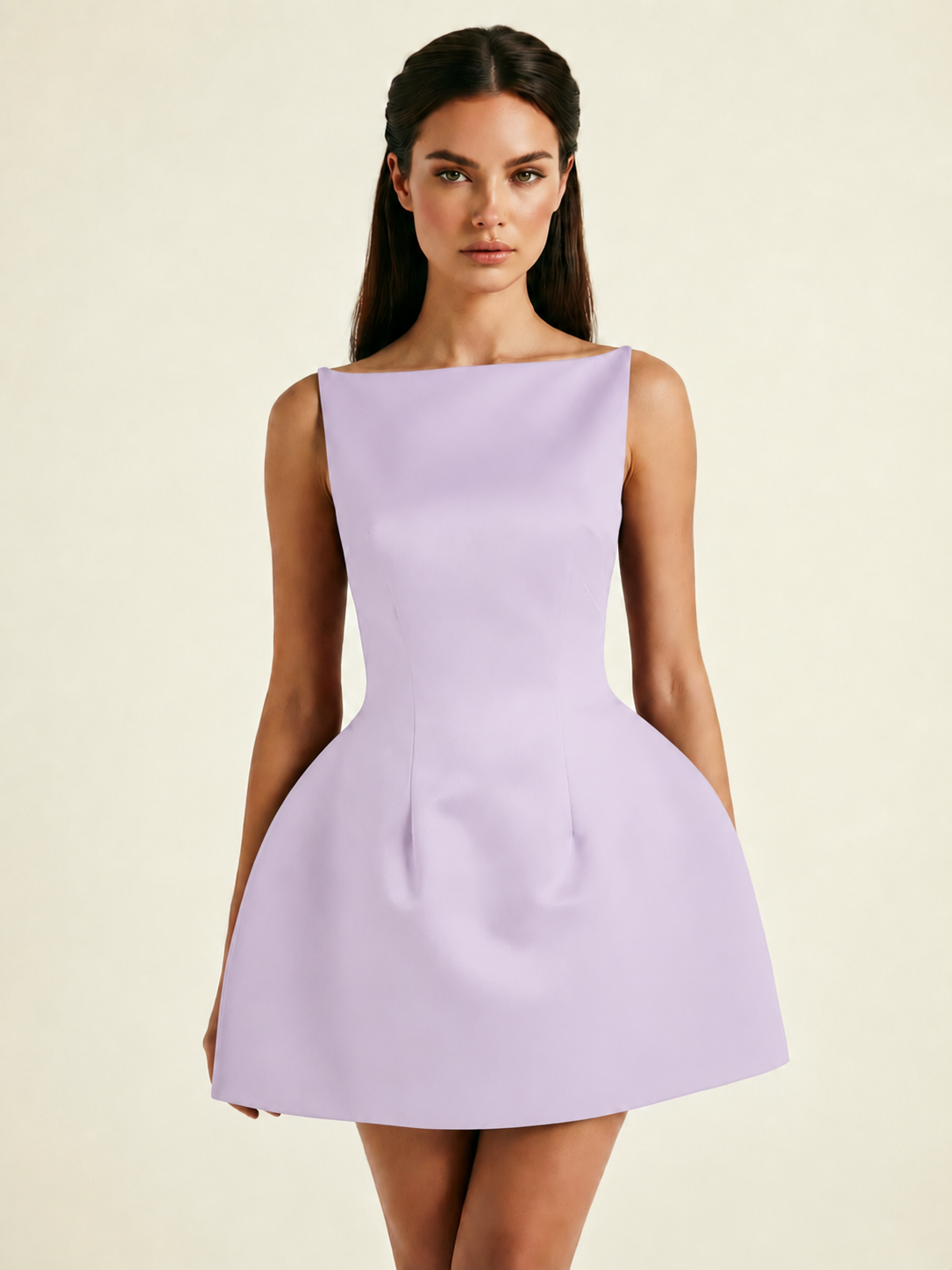 Satin Boat Neck Open Back Fit & Flare Mini Dress