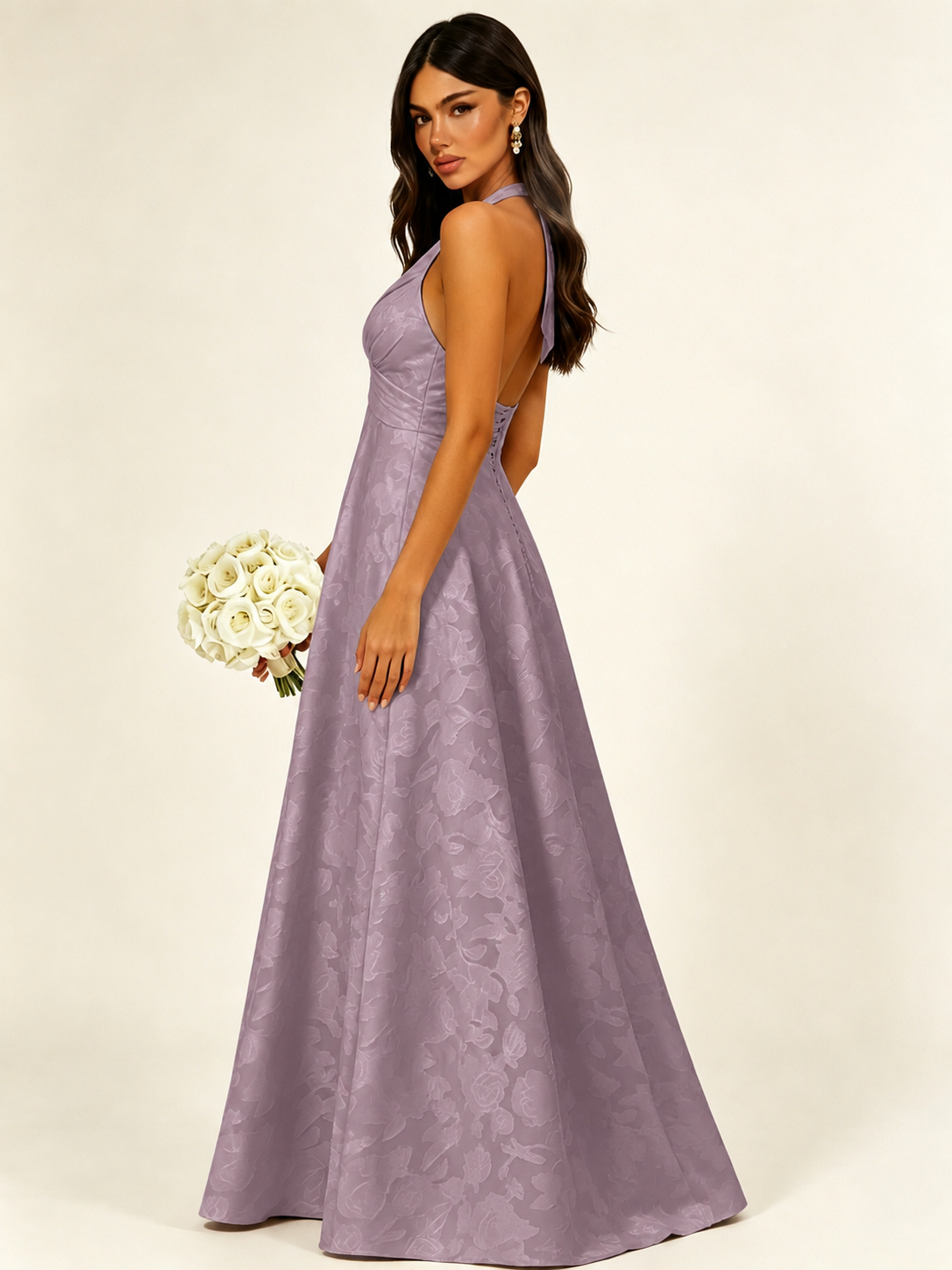 Floral Jacquard Halter Deep V A-Line Maxi Dress Backless Lace-Up Corset Bridesmaid Dress