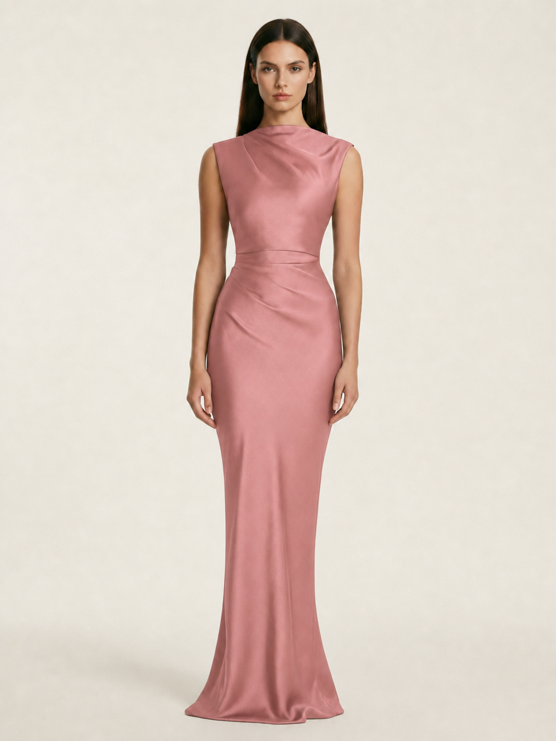 Sleeveless Draped Satin Mermaid Cutout Back Formal Dress