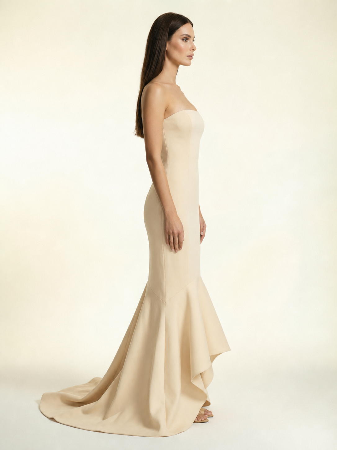 Strapless Satin Mermaid Dress With Ruffled Train & Lace-Up Back
