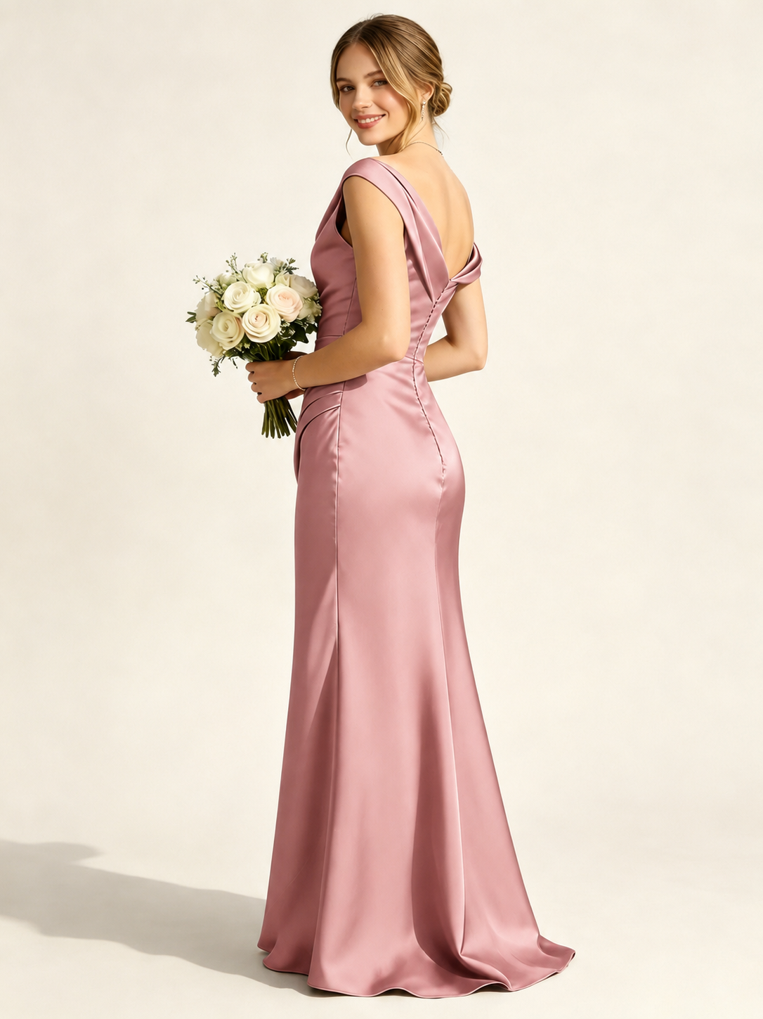 Satin Mermaid Bridesmaid Maxi Dress, Asymmetrical Off Shoulder Ruched Waist Open Back
