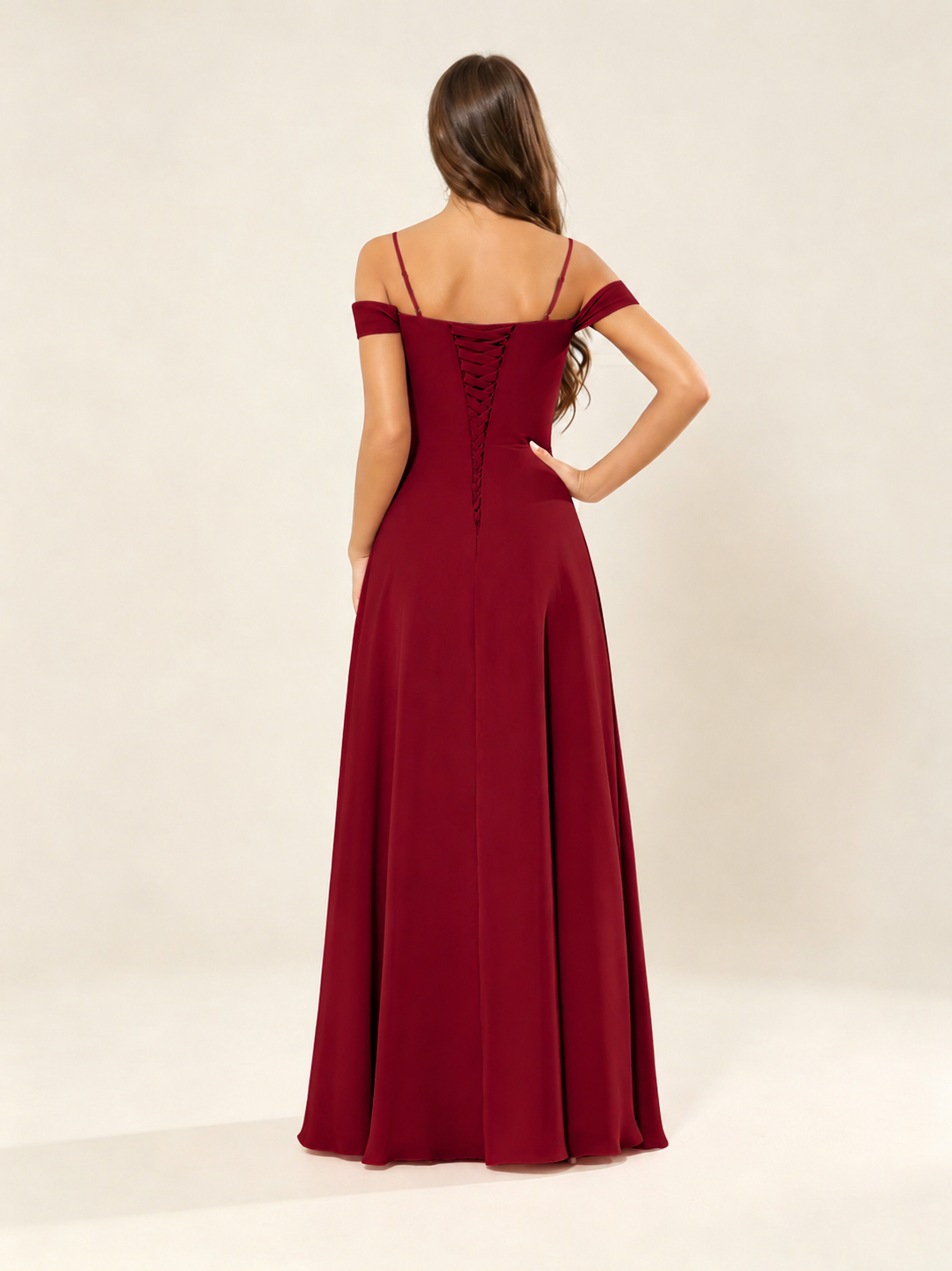 Off shoulder chiffon bridesmaid dress with high slit ruffle