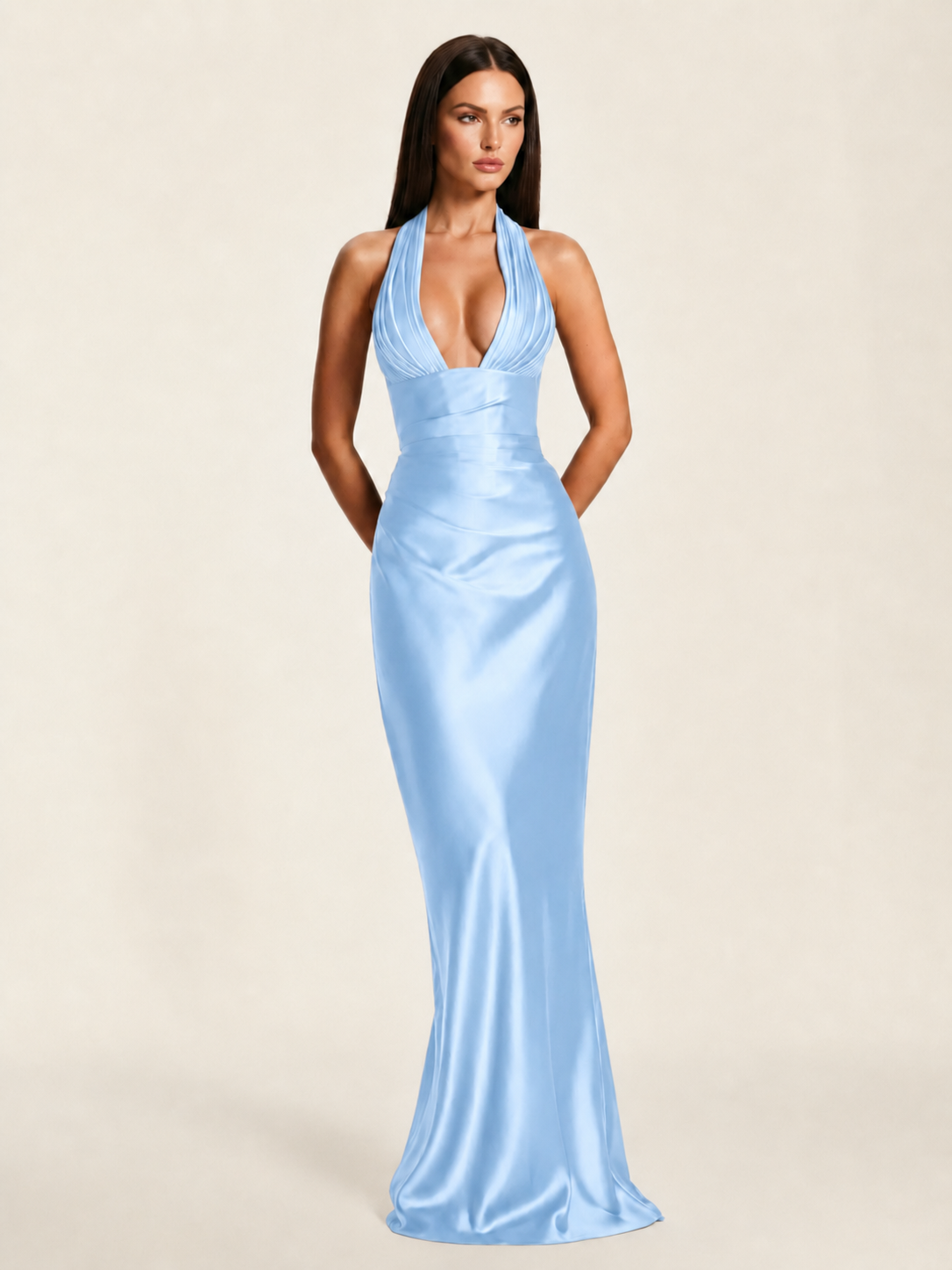 Deep V Satin Mermaid Lace-Up Back Formal Dress