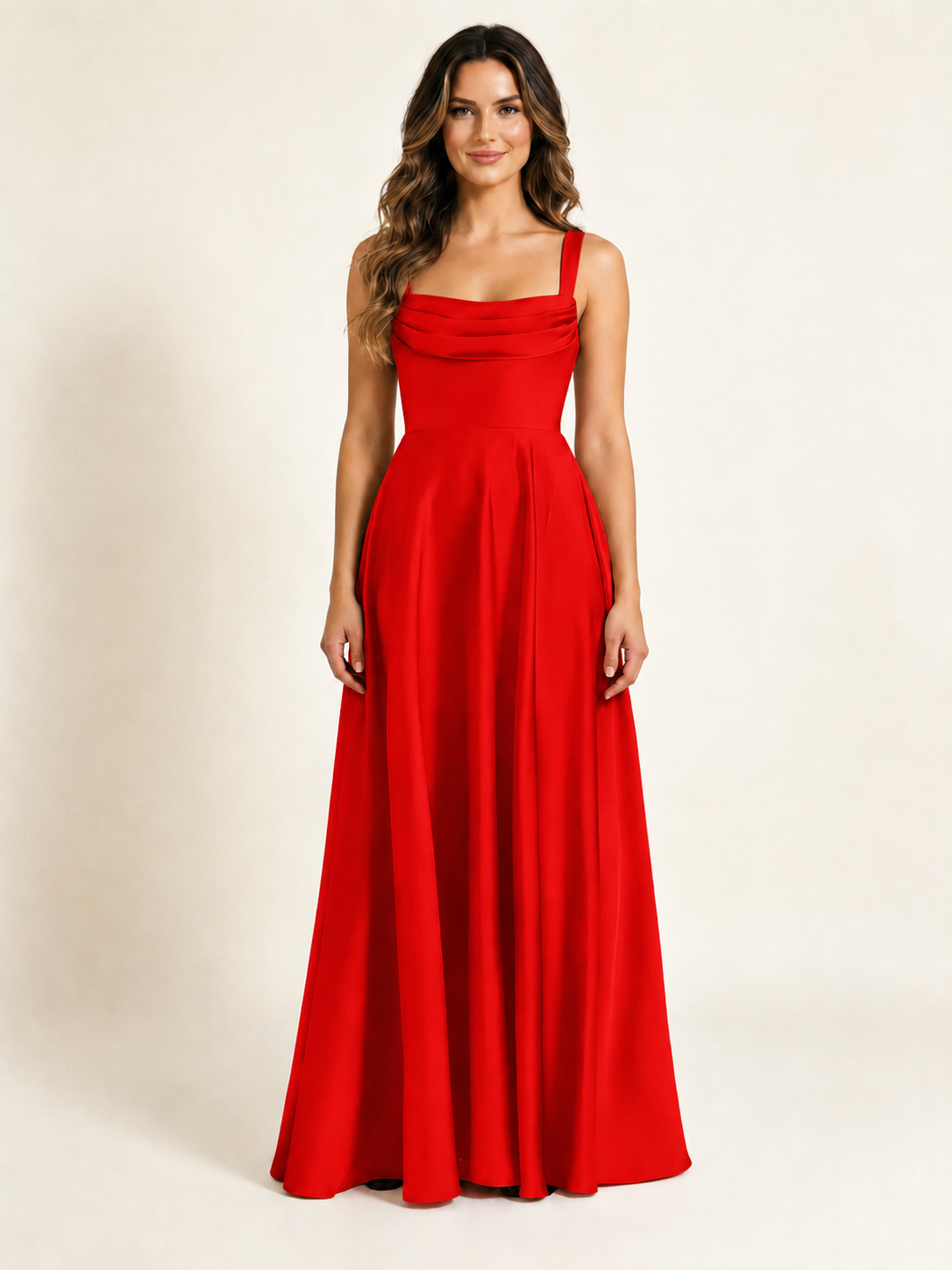 Satin Draped Cowl Square Neck A-Line Maxi Bridesmaid Dress