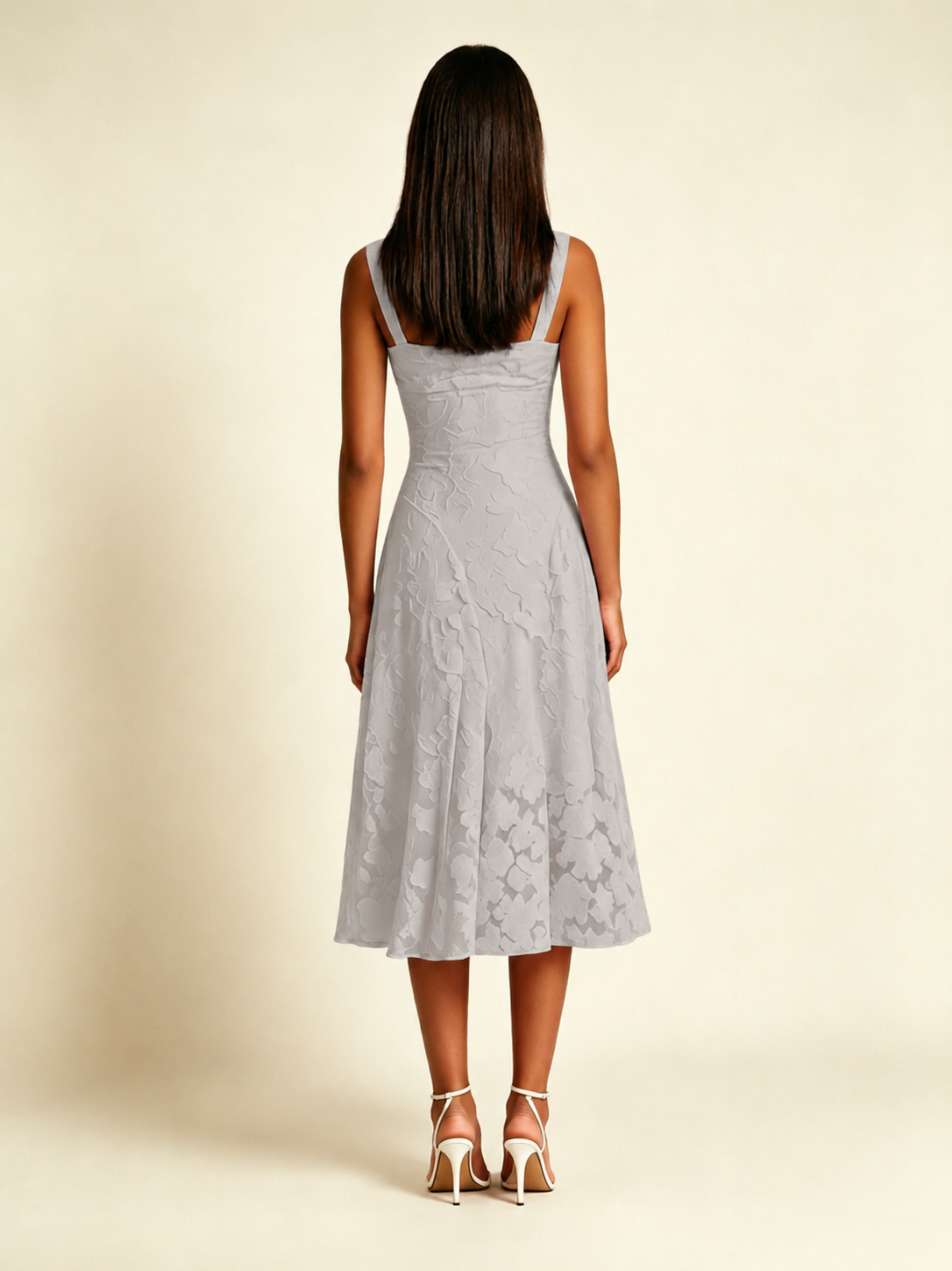 3D Floral Jacquard Square Neck Midi Dress