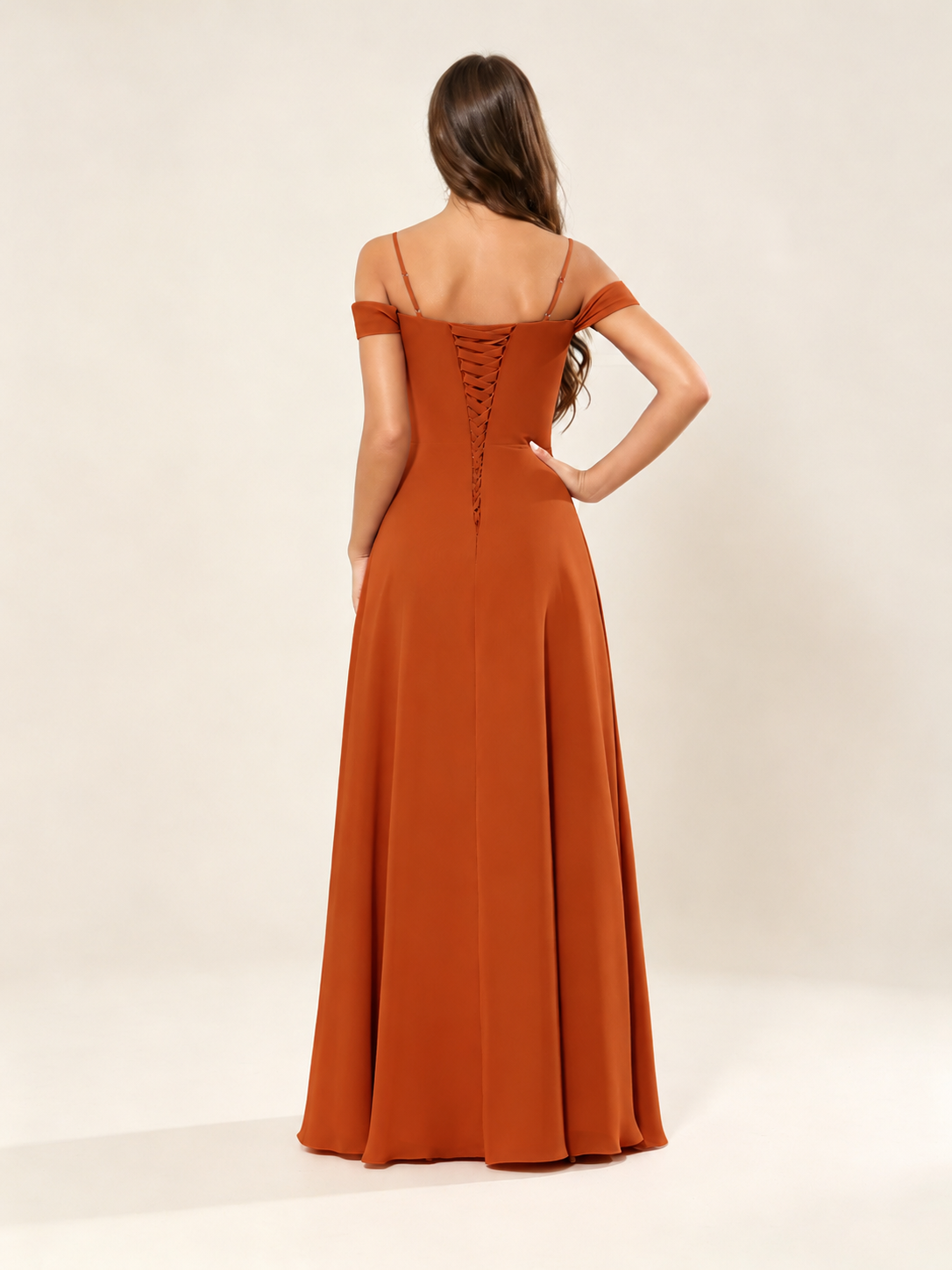 Off shoulder chiffon bridesmaid dress with high slit ruffle