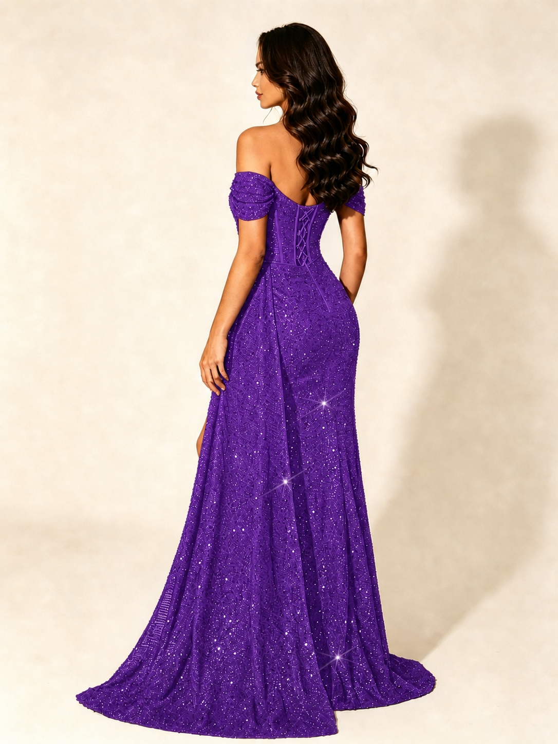 Off Shoulder Sequin High Slit Dress with Train