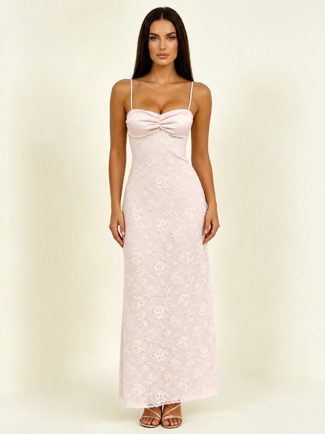 Satin Bust Lace Midi Maxi Dress, Spaghetti Strap Cross Lace Up Back Bridesmaid Dress