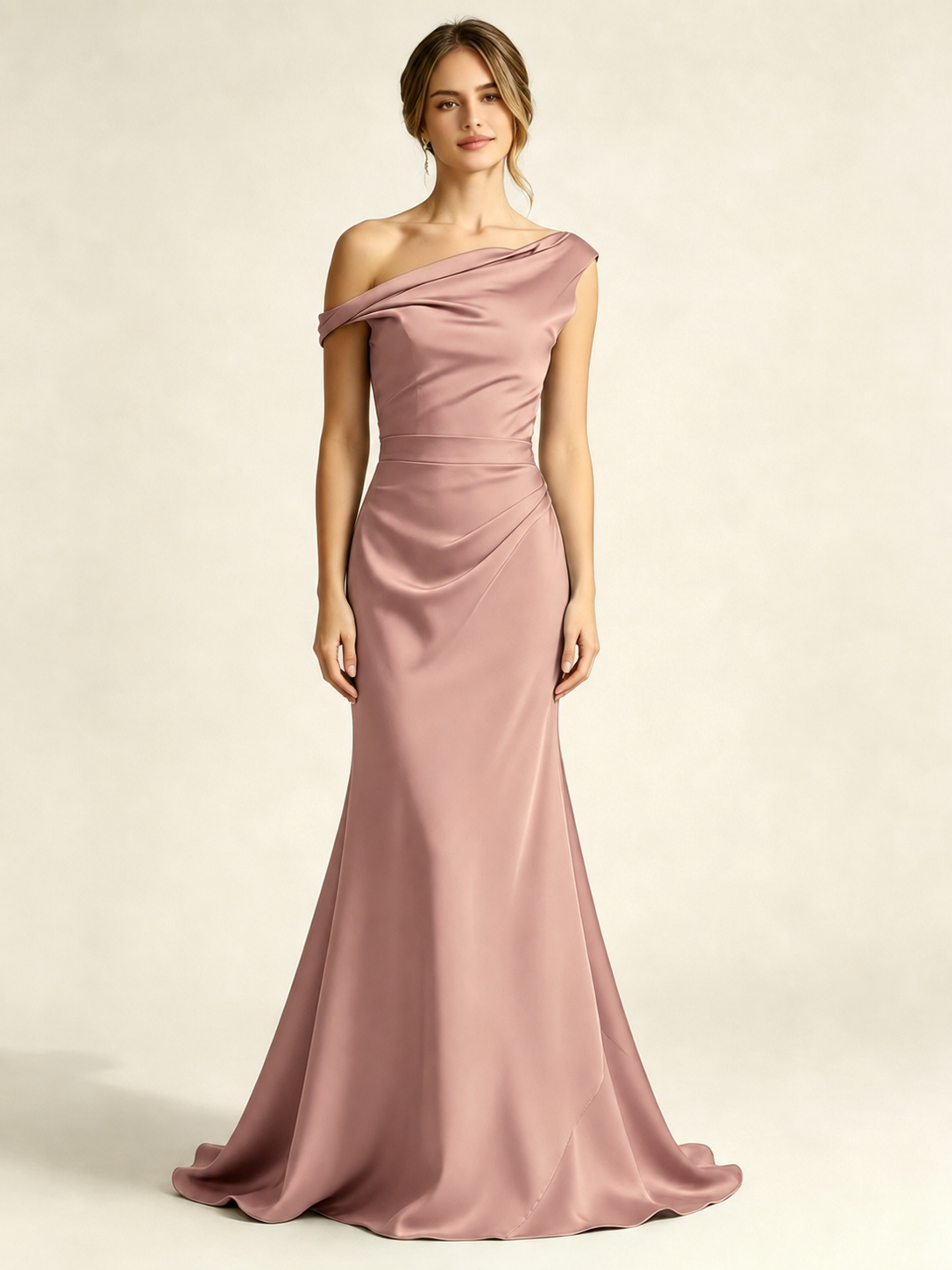 Satin Mermaid Bridesmaid Maxi Dress, Asymmetrical Off Shoulder Ruched Waist Open Back