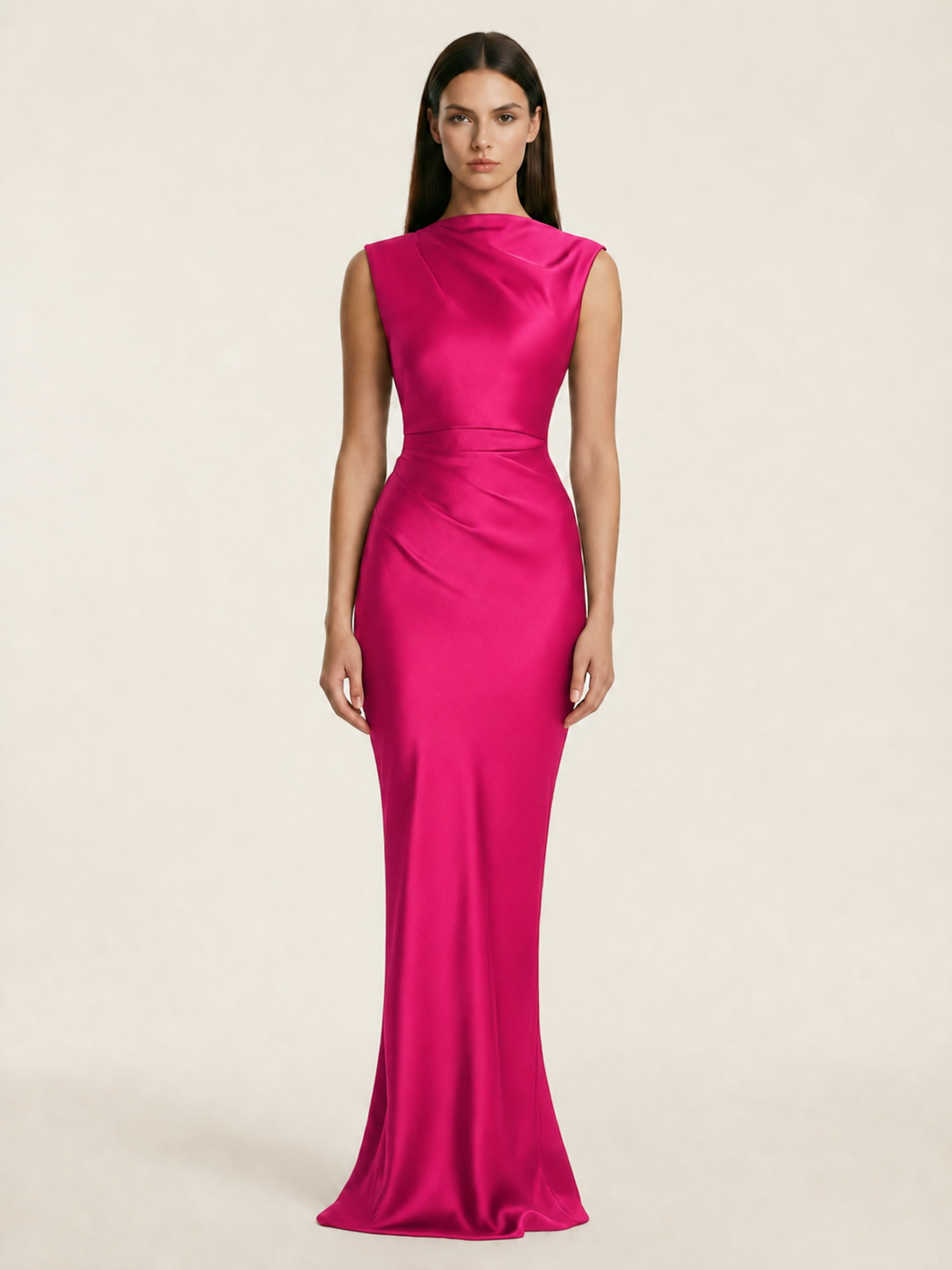 Sleeveless Draped Satin Mermaid Cutout Back Formal Dress