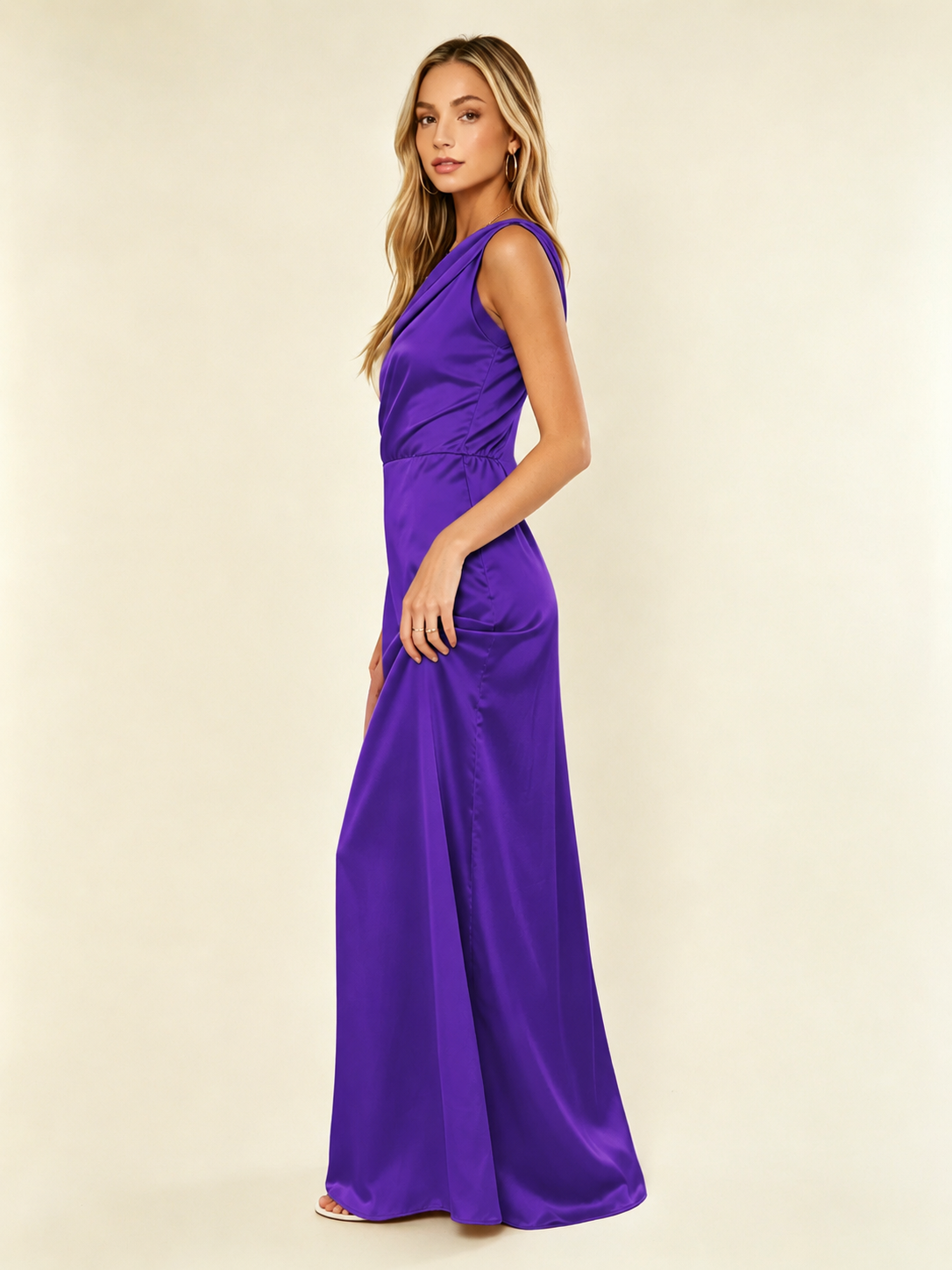 Satin One Shoulder Maxi Dress Asymmetric Draped High Slit Bridesmaid Dress