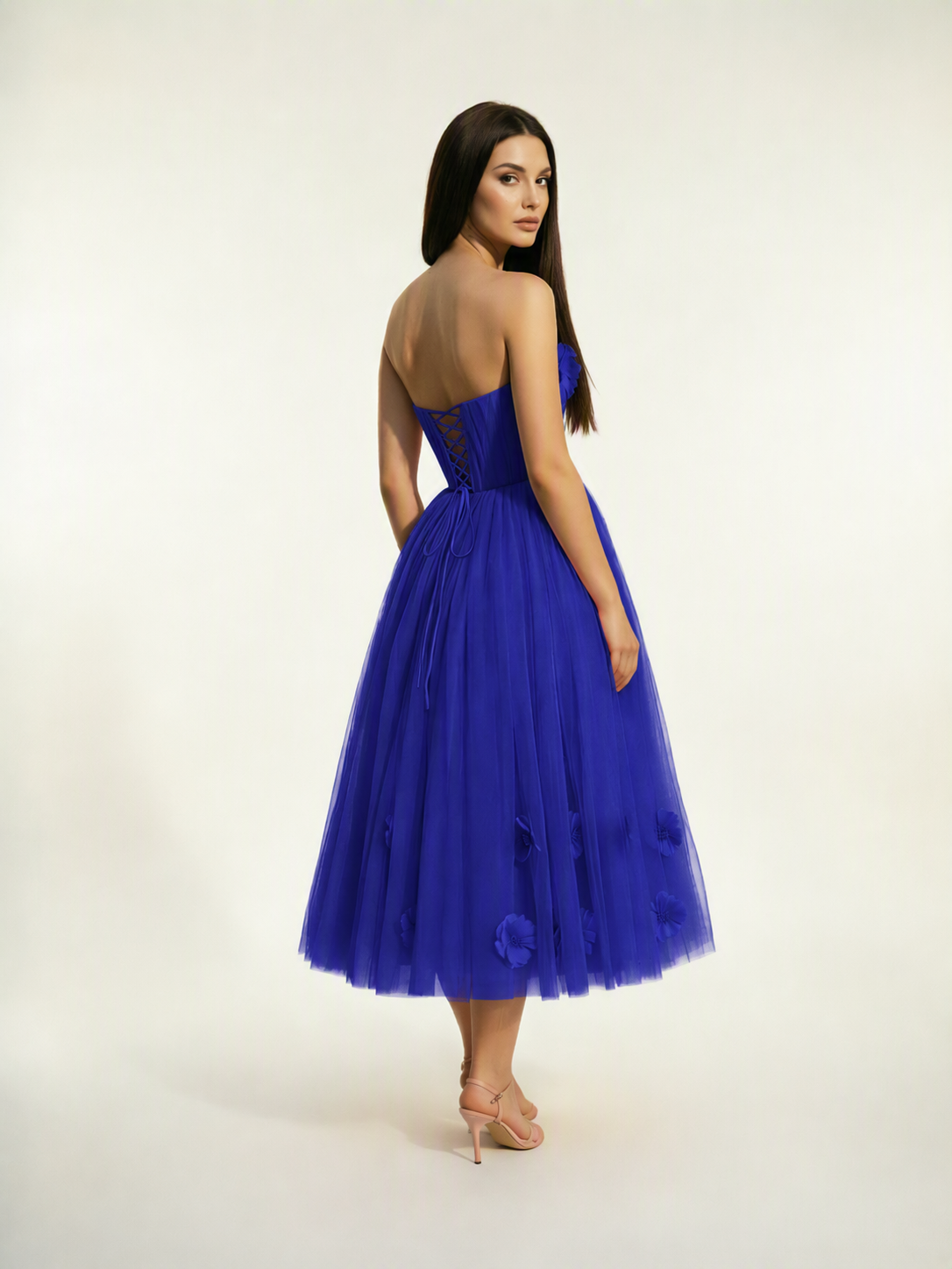Strapless Tulle Midi Dress with 3D Floral Appliqués, Lace-Up Corset Back
