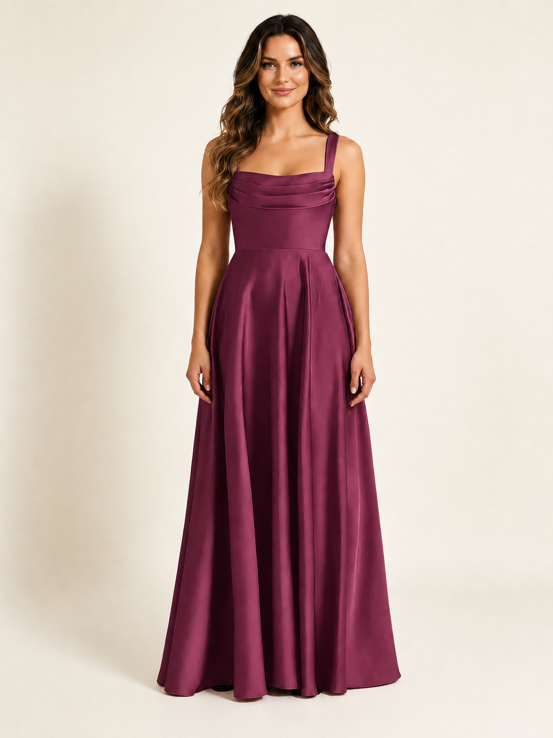 Satin Draped Cowl Square Neck A-Line Maxi Bridesmaid Dress