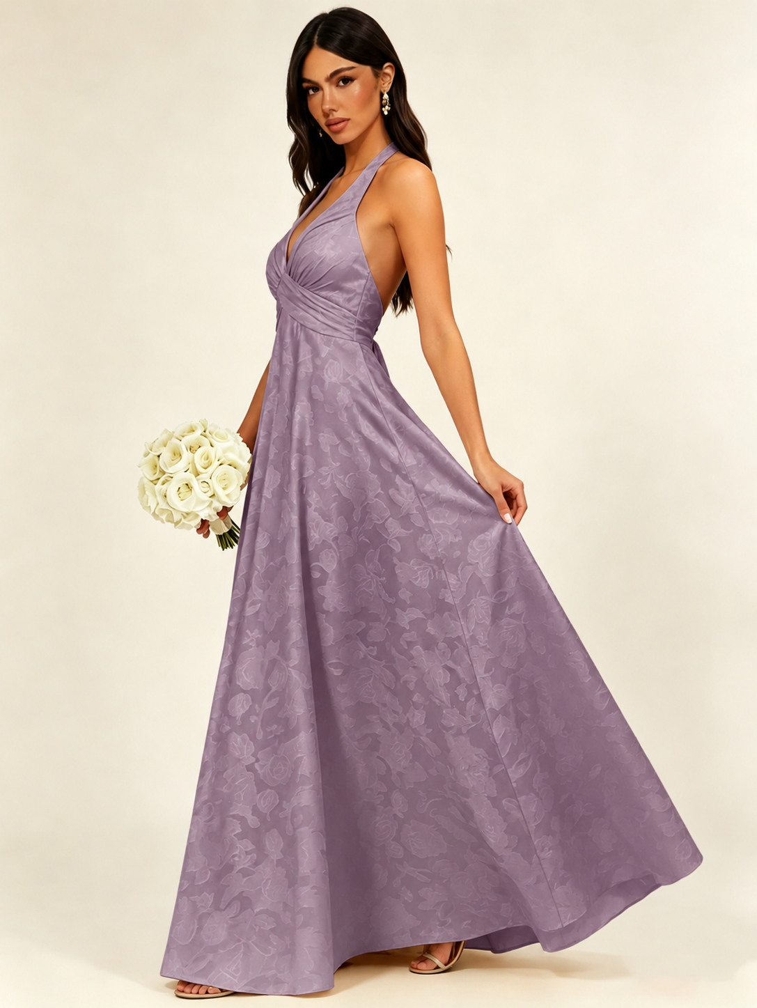 Floral Jacquard Halter Deep V A-Line Maxi Dress Backless Lace-Up Corset Bridesmaid Dress