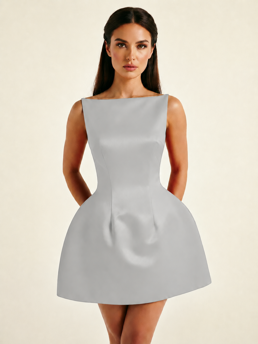 Satin Boat Neck Open Back Fit & Flare Mini Dress