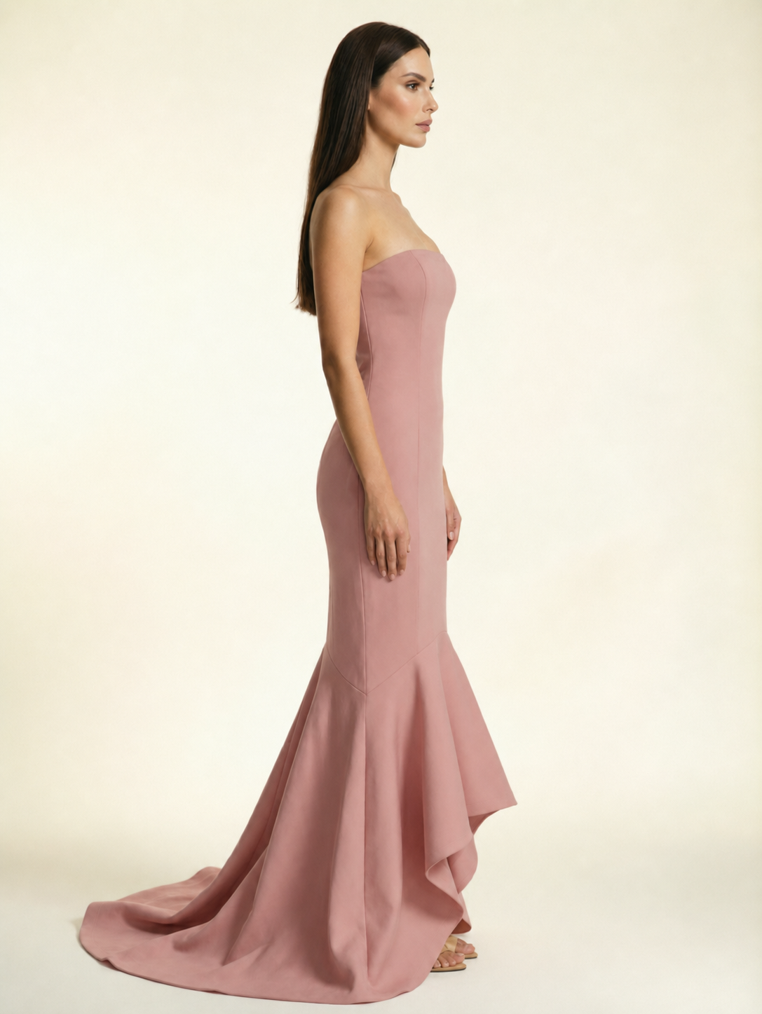 Strapless Satin Mermaid Dress With Ruffled Train & Lace-Up Back