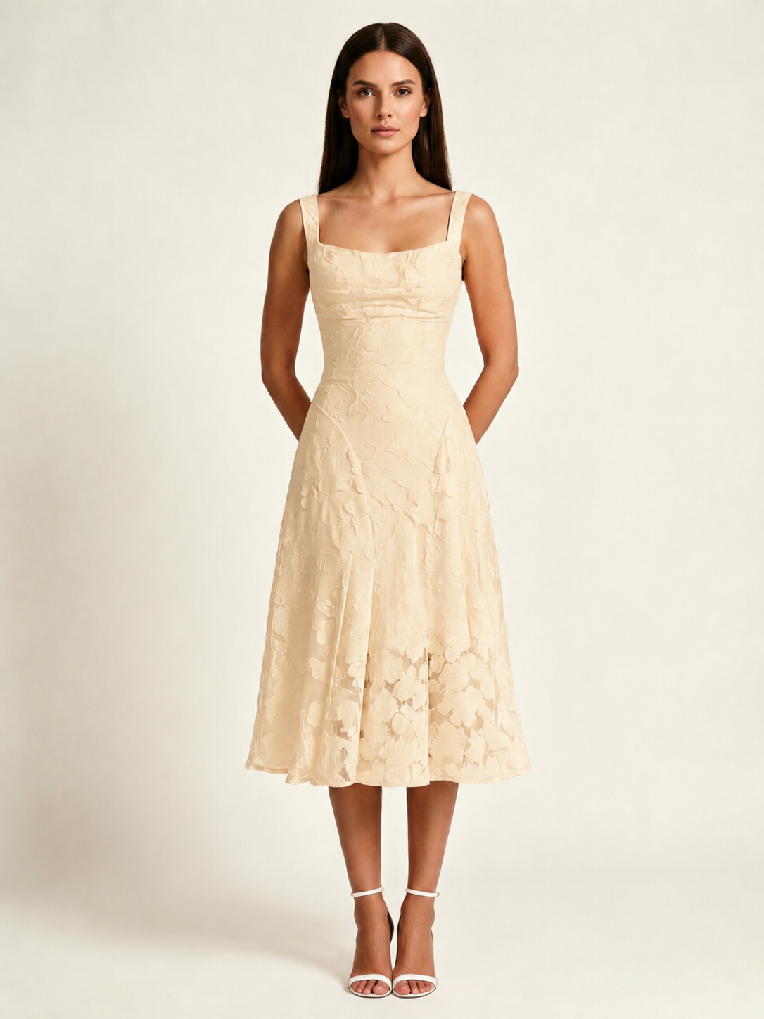 3D Floral Jacquard Square Neck Midi Dress