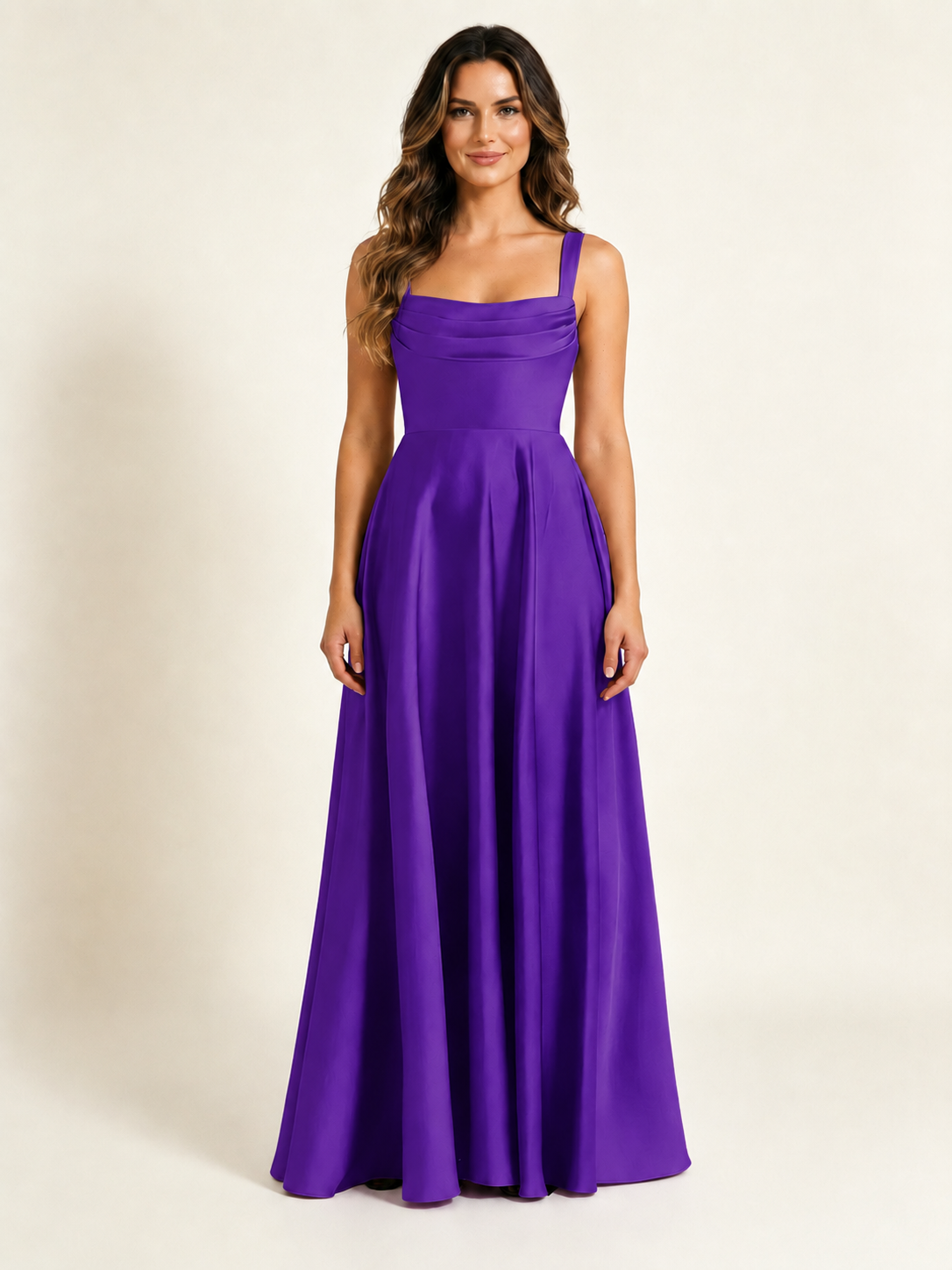 Satin Draped Cowl Square Neck A-Line Maxi Bridesmaid Dress