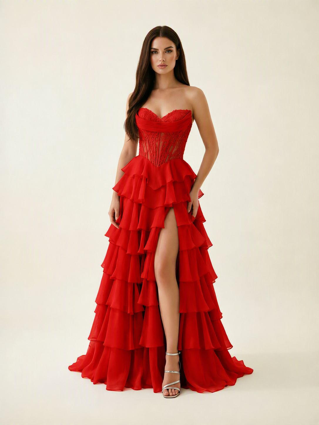 Strapless Lace Corset Tiered High Slit Prom Dress