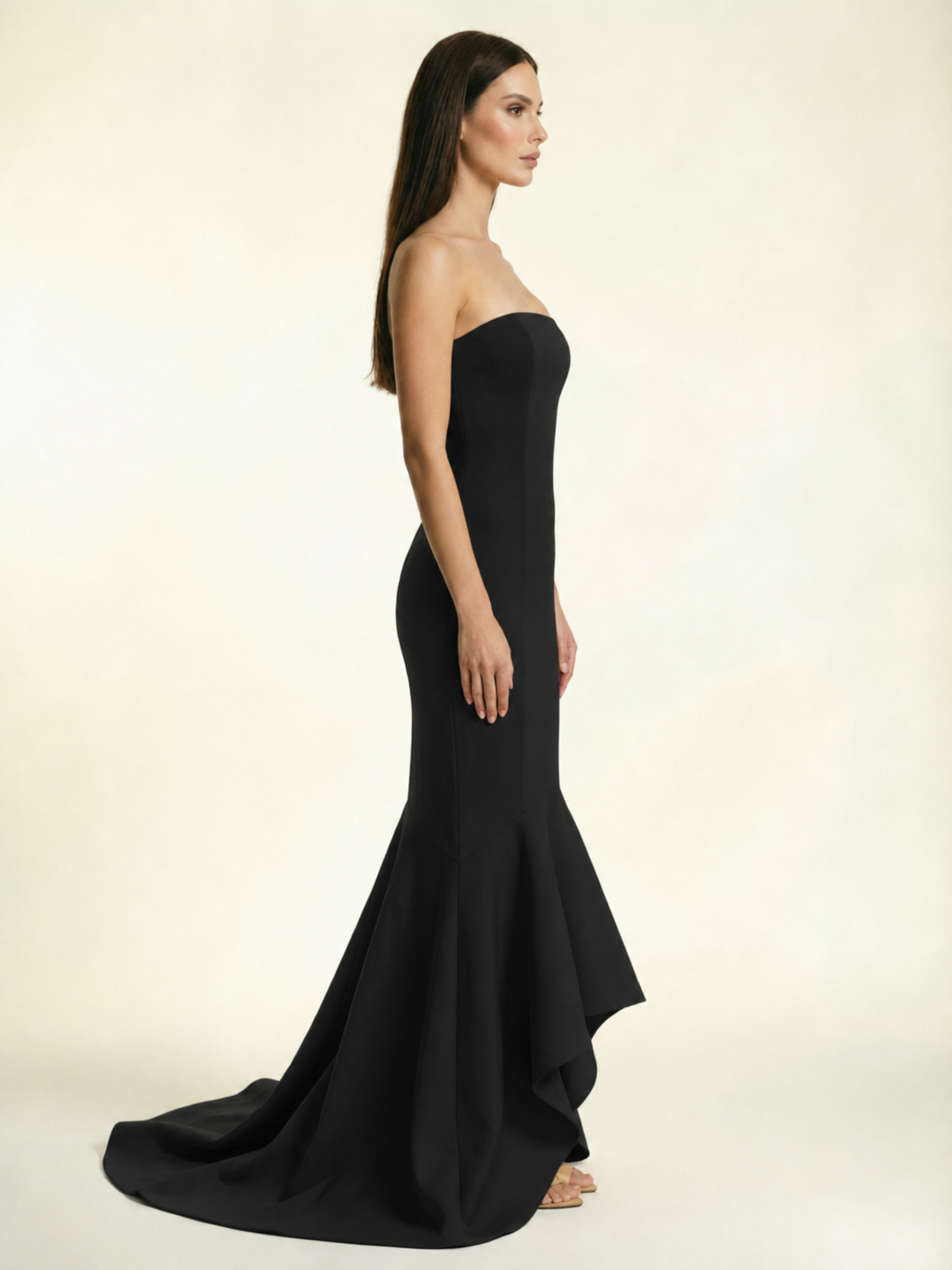Strapless Satin Mermaid Dress With Ruffled Train & Lace-Up Back