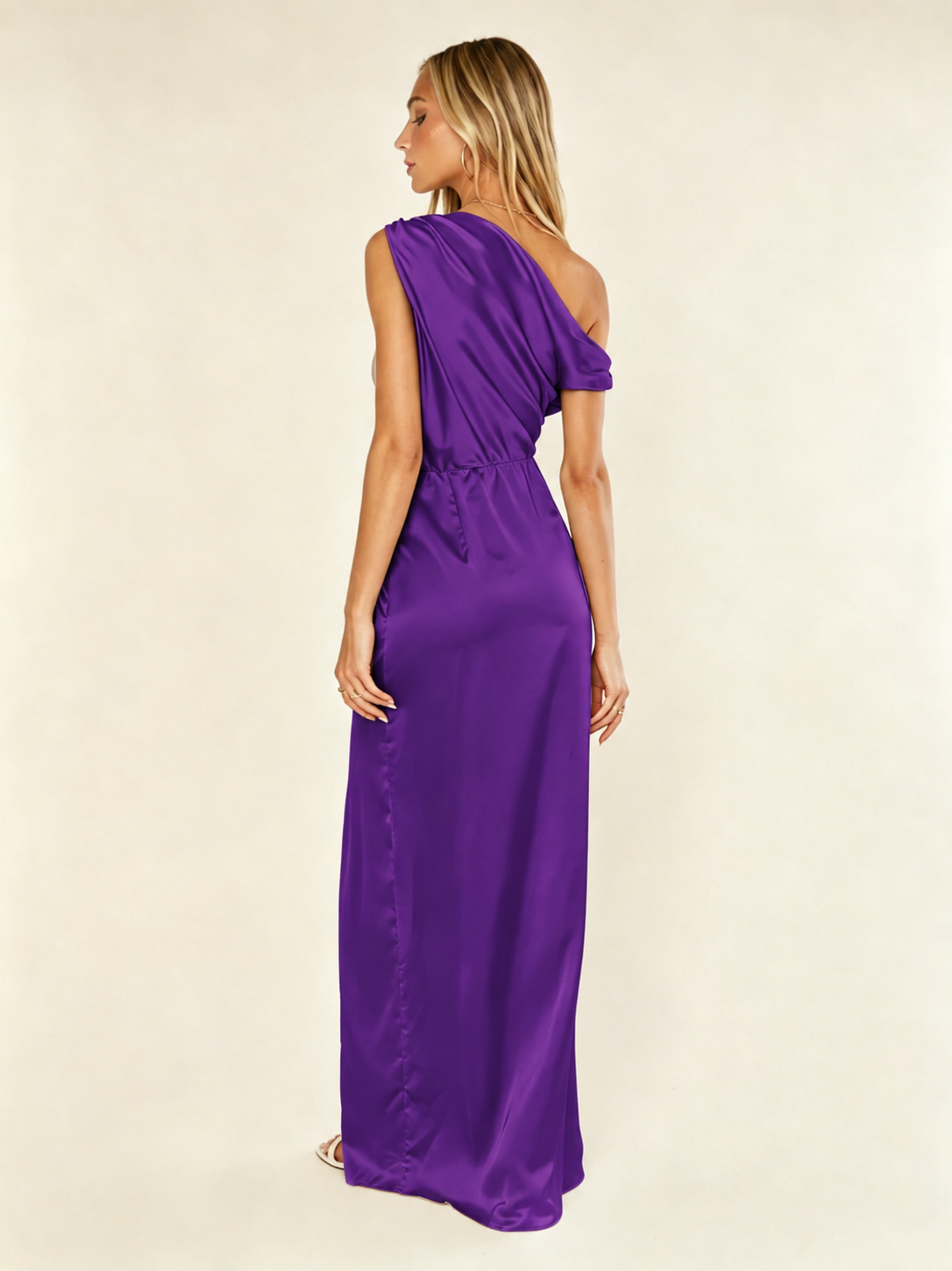 Satin One Shoulder Maxi Dress Asymmetric Draped High Slit Bridesmaid Dress